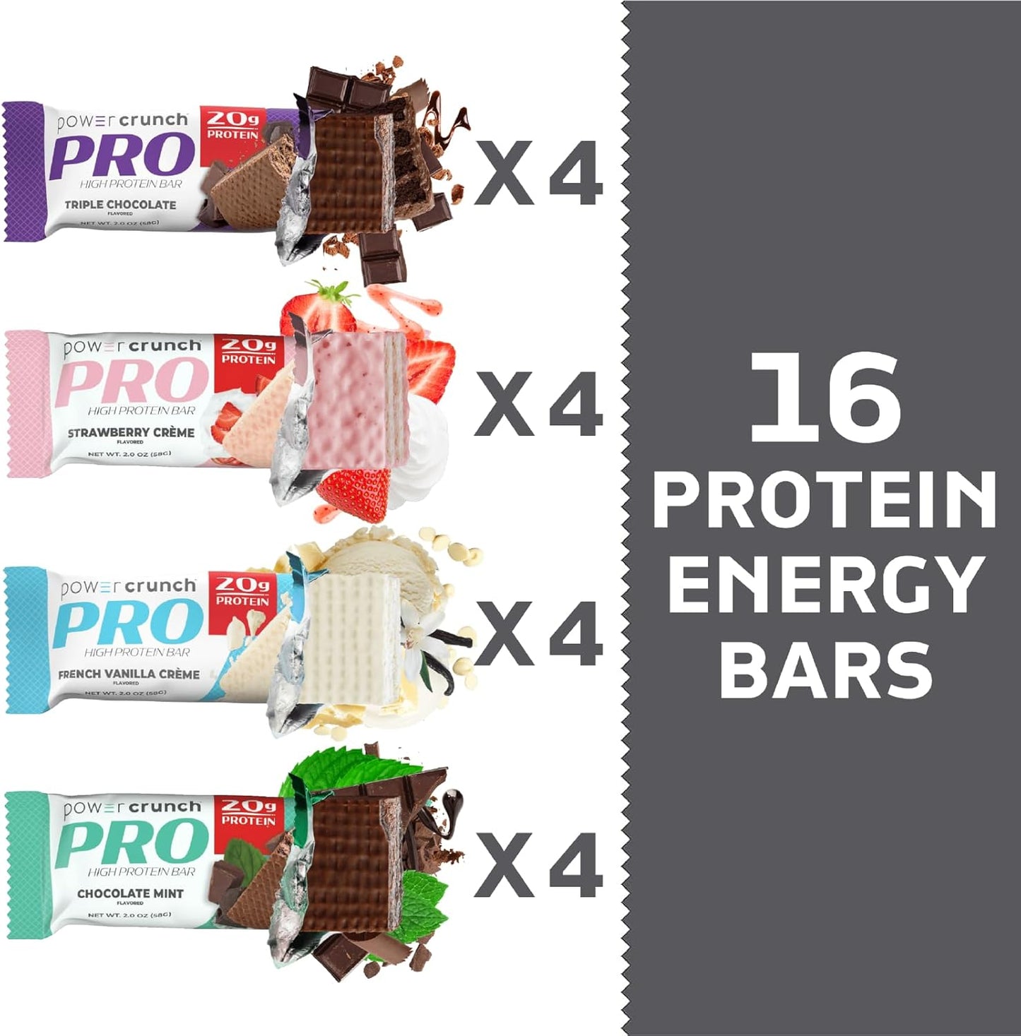 Power Crunch PRO Protein Wafer Bars Variety Pack - 16 Count, 4 Flavors, 2.0 Ounce Bars - High Protein Snack