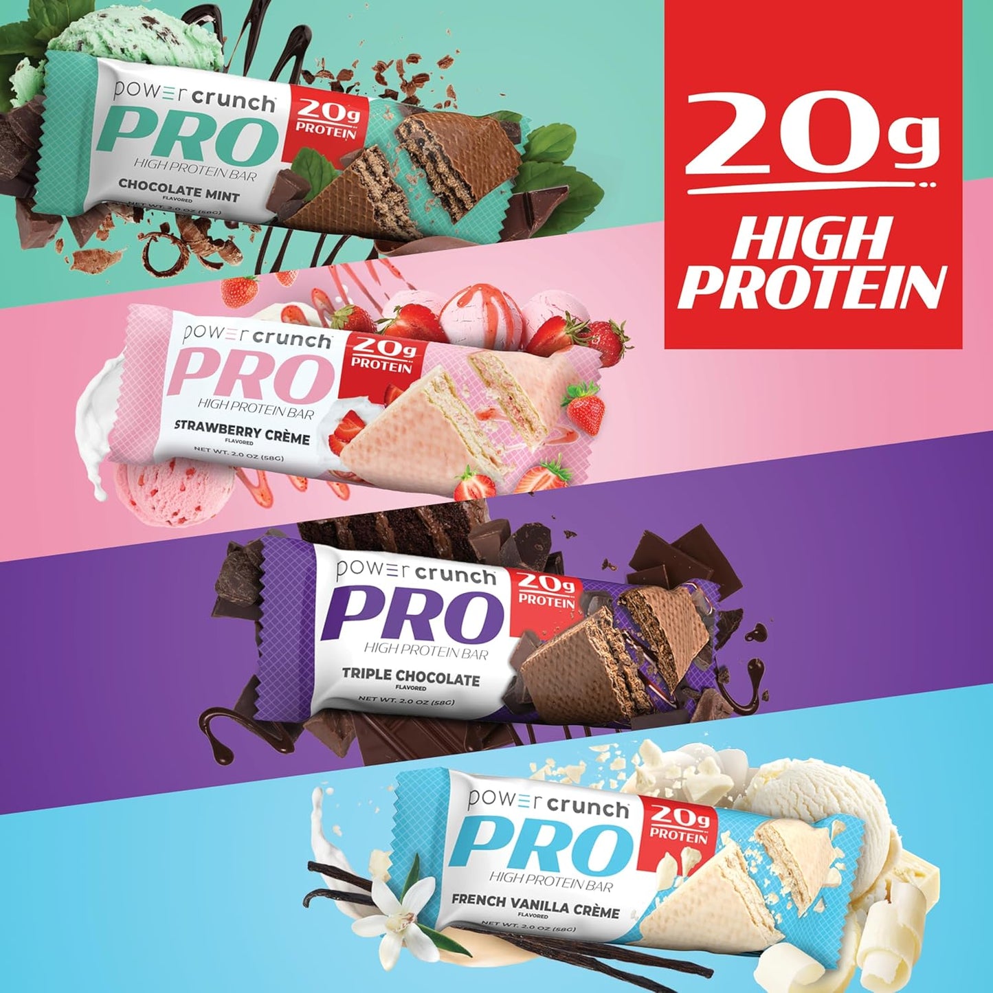 Power Crunch PRO Protein Wafer Bars Variety Pack - 16 Count, 4 Flavors, 2.0 Ounce Bars - High Protein Snack