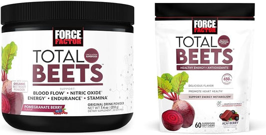 Power up your circulation with Force Factor Total Beets Superfood Powder and Soft Chews for enhanced blood flow and vitality