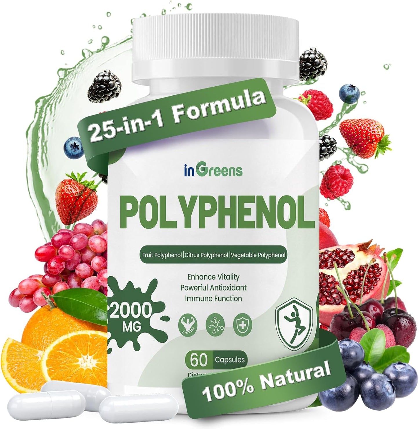 Powerful 25-in-1 Polyphenols Supplement 2000MG Capsules - Antioxidant Age Defense & Vitality Boost - Superfood Blend with Quercetin & Resveratrol