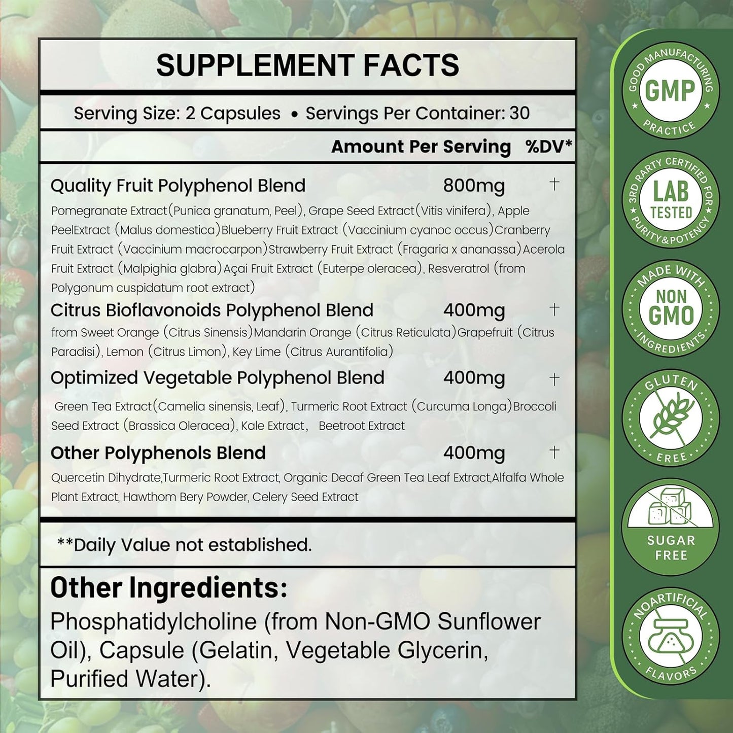 Powerful 25-in-1 Polyphenols Supplement 2000MG Capsules - Antioxidant Age Defense & Vitality Boost - Superfood Blend with Quercetin & Resveratrol