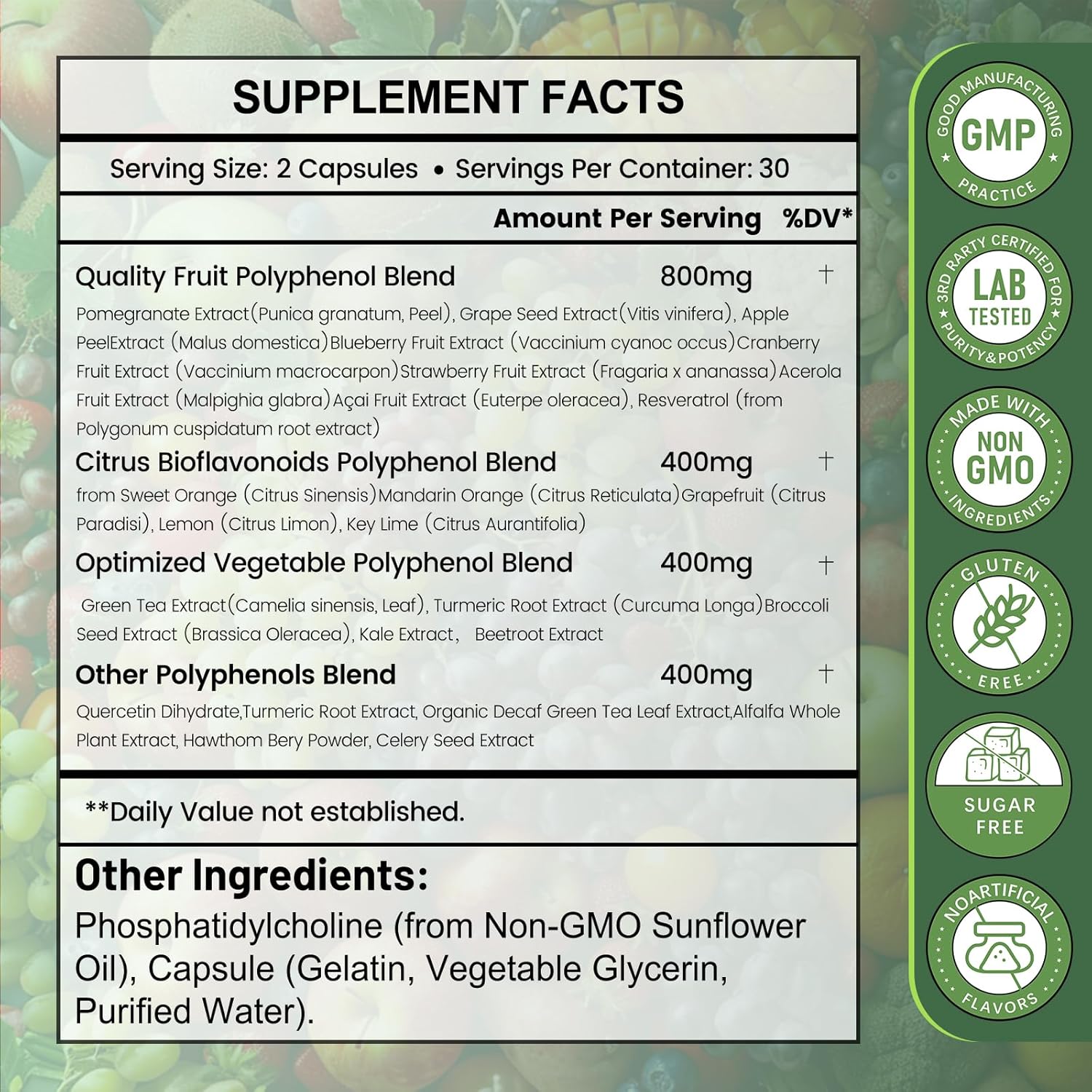 Powerful 25-in-1 Polyphenols Supplement 2000MG Capsules - Antioxidant Age Defense & Vitality Boost - Superfood Blend with Quercetin & Resveratrol