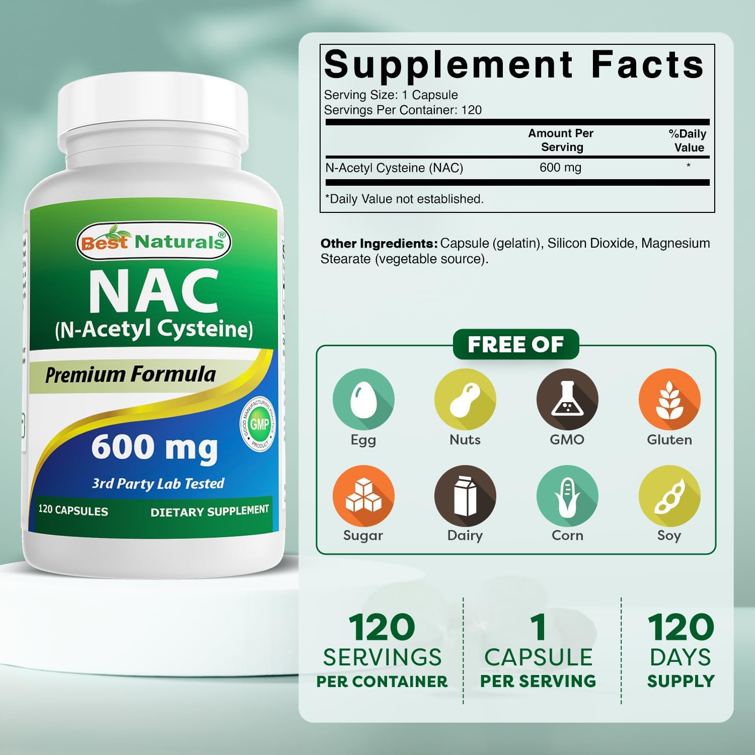 Powerful Antioxidant: Best Naturals NAC 600 mg 120 Capsules - N Acetyl Cysteine Supplement