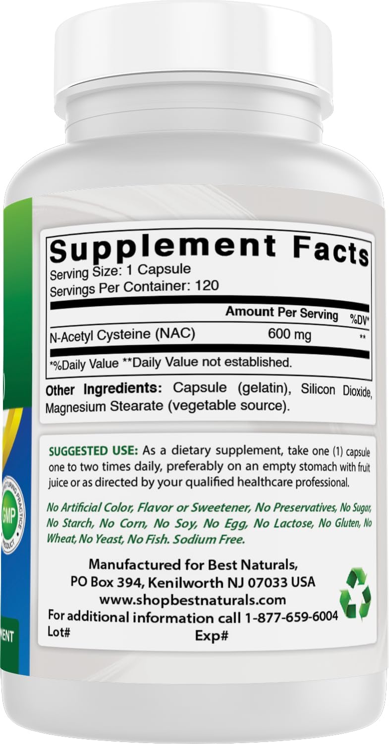 Powerful Antioxidant: Best Naturals NAC 600 mg 120 Capsules - N Acetyl Cysteine Supplement