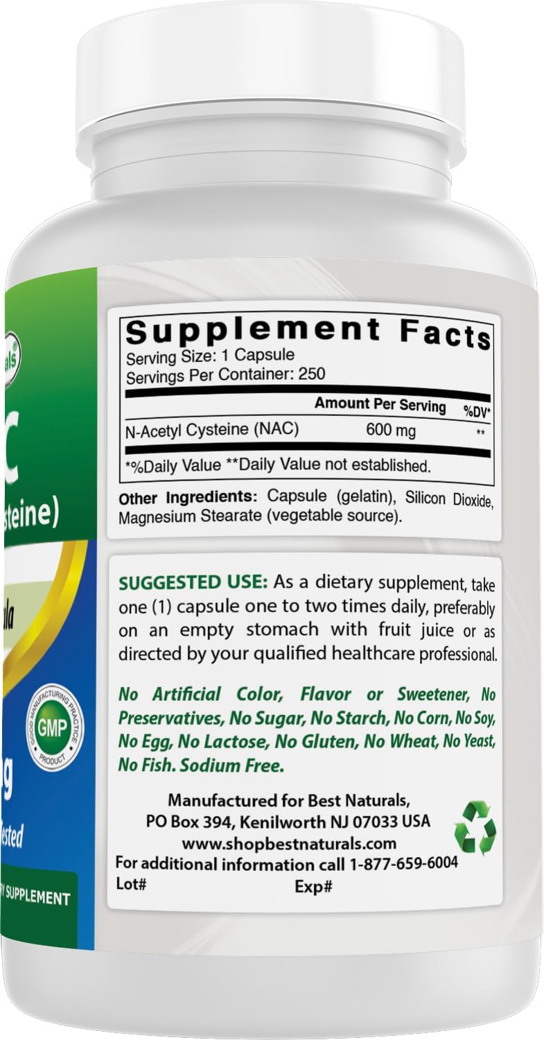 Powerful Antioxidant: Best Naturals NAC 600mg 250 Capsules of N-Acetyl Cysteine