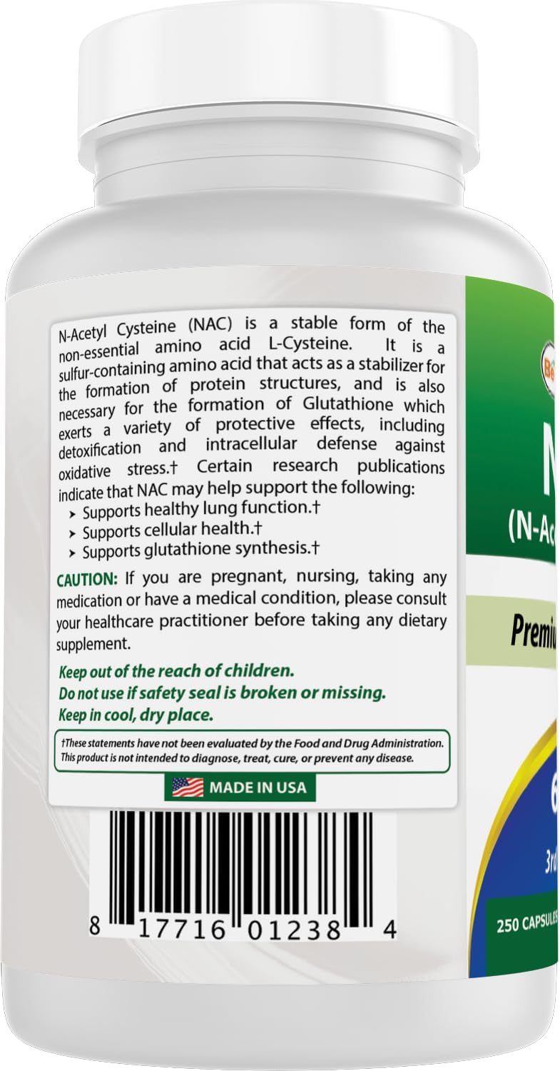 Powerful Antioxidant: Best Naturals NAC 600mg 250 Capsules of N-Acetyl Cysteine