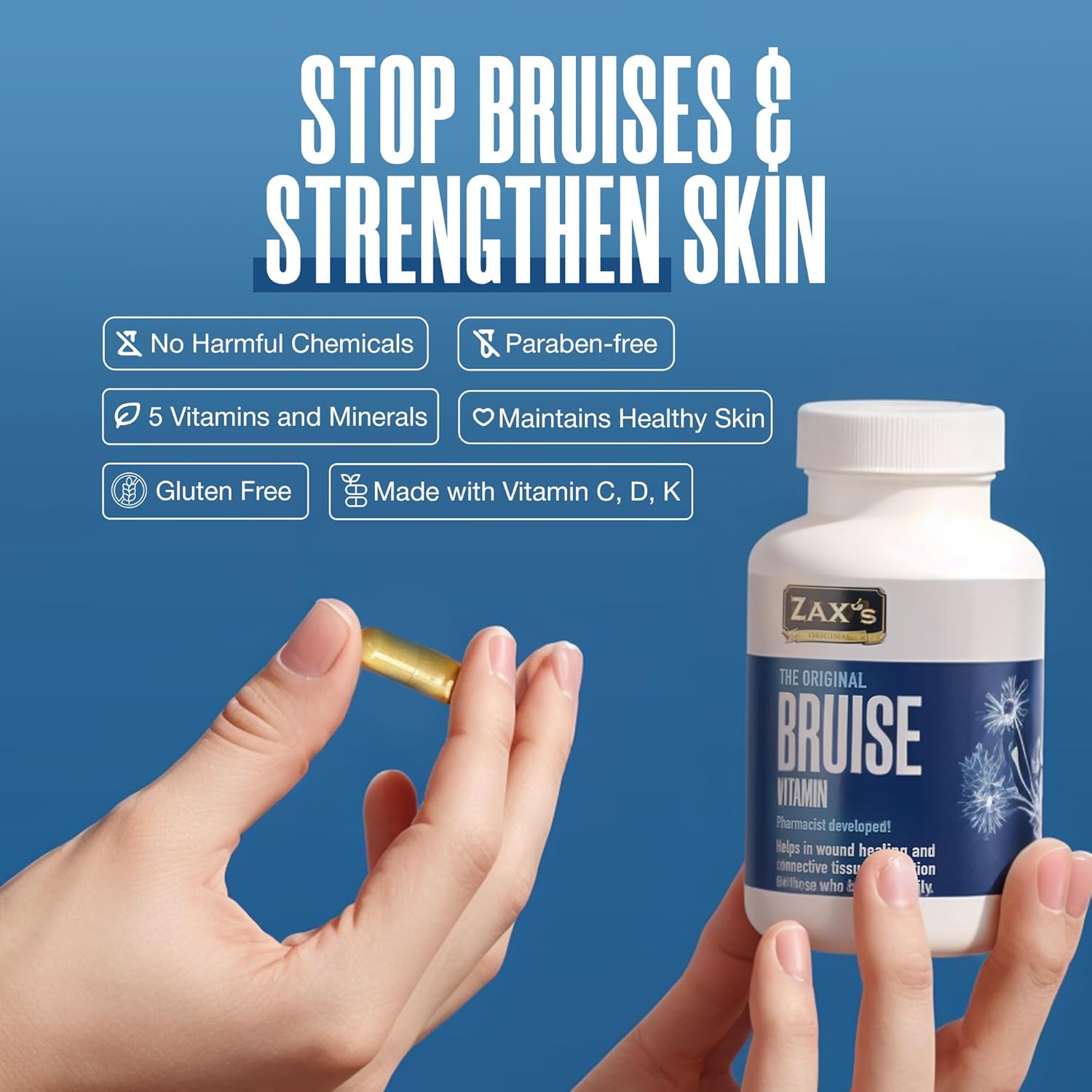 Powerful Bruise Relief Supplement with Zinc, Vitamin K, D3, Ascorbic Acid, and Bioflavonoids - 60 Capsules, Pharmacist Formulated