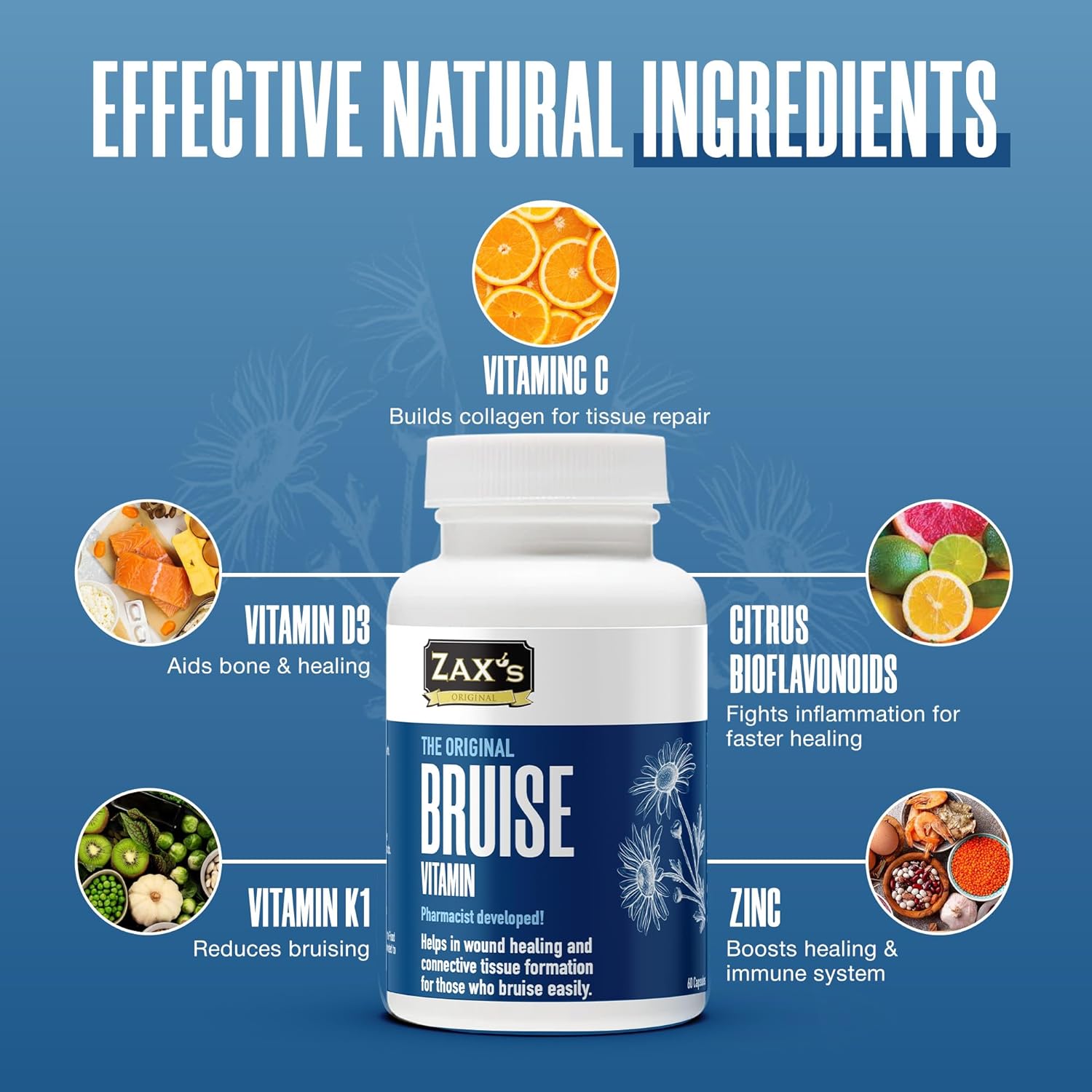 Powerful Bruise Relief Supplement with Zinc, Vitamin K, D3, Ascorbic Acid, and Bioflavonoids - 60 Capsules, Pharmacist Formulated
