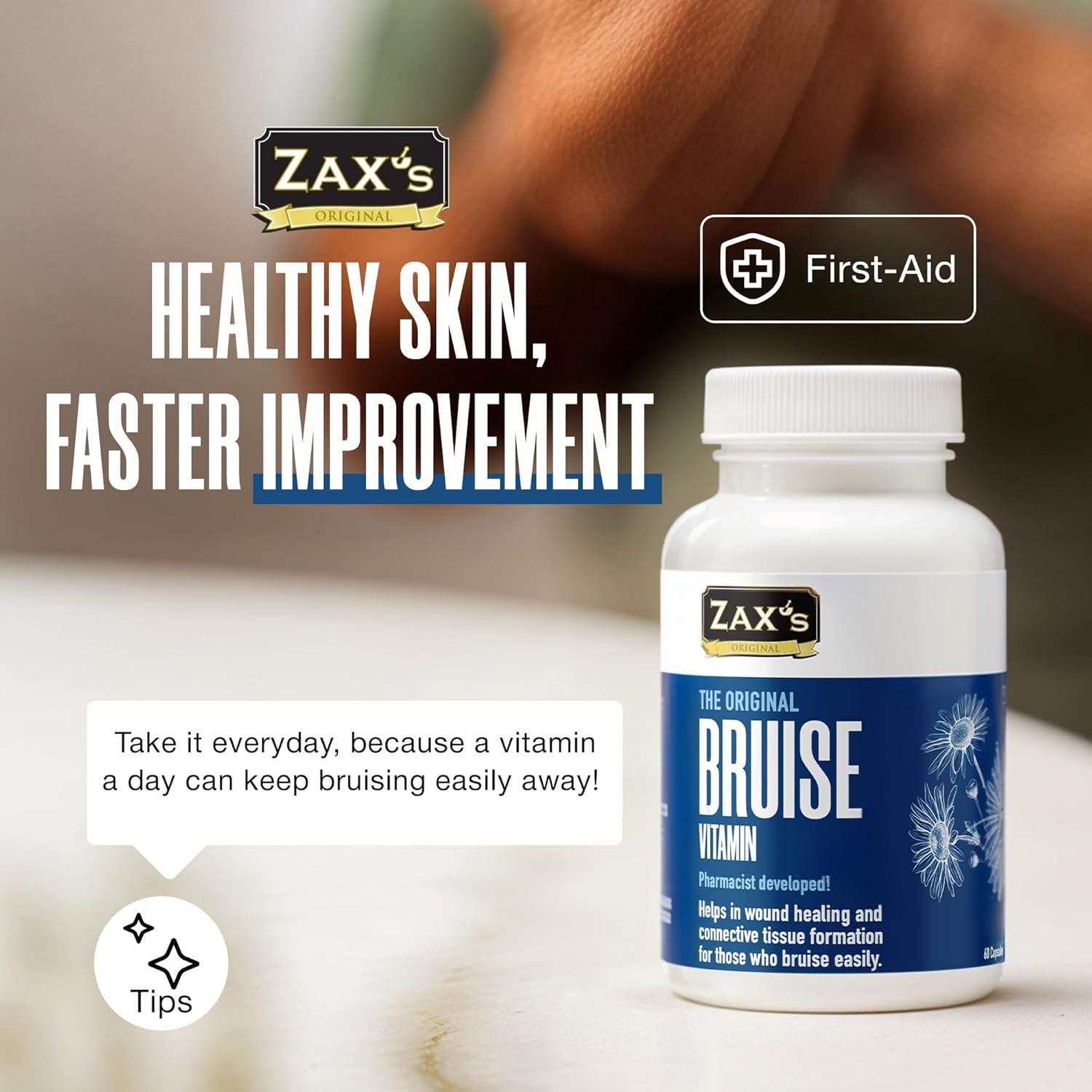 Powerful Bruise Relief Supplement with Zinc, Vitamin K, D3, Ascorbic Acid, and Bioflavonoids - 60 Capsules, Pharmacist Formulated