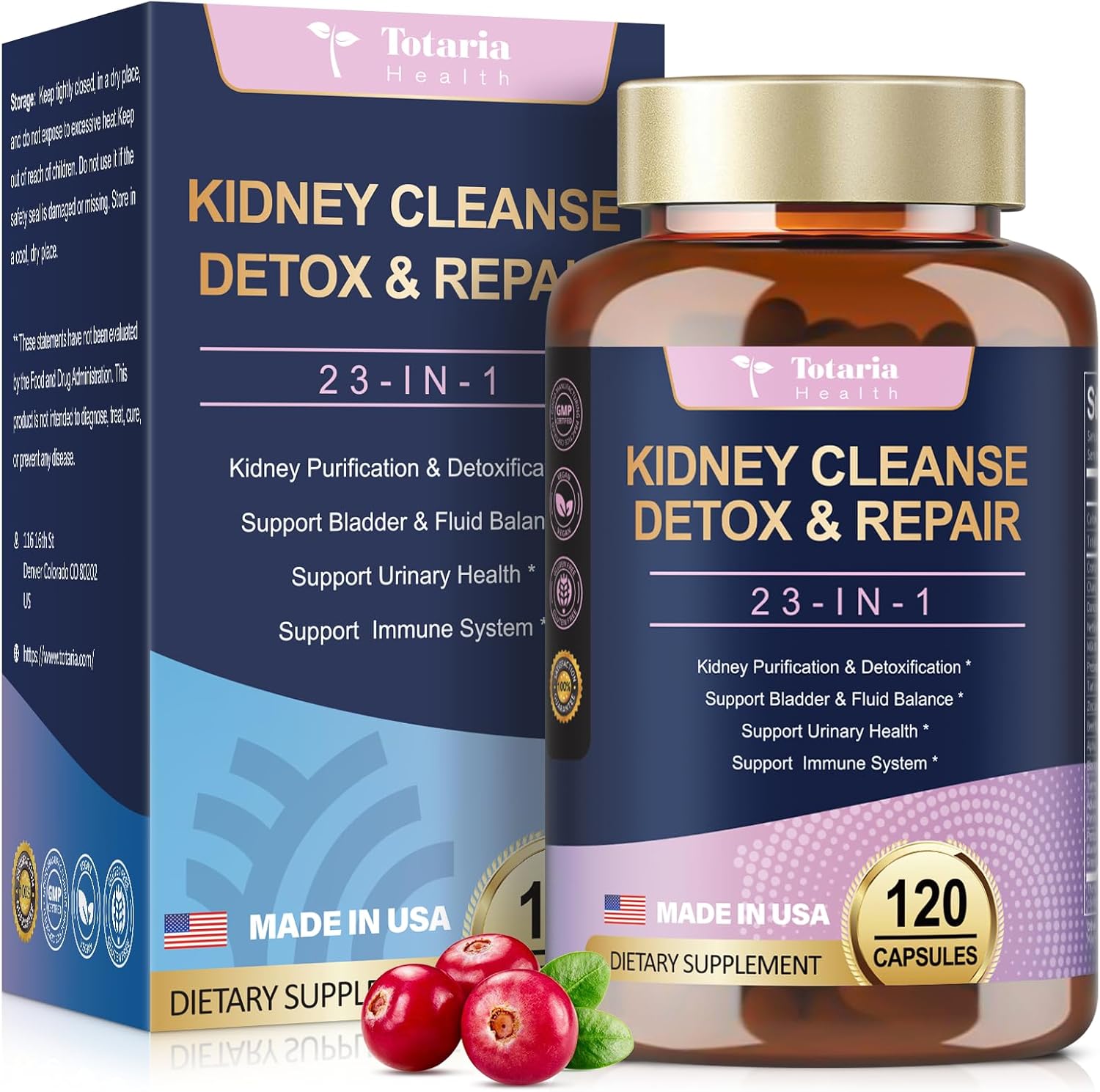 Powerful Kidney Support Supplement with Chanca Piedra & Cranberry - 120 Capsules for Urinary Tract Health & Kidney Stones Dissolver