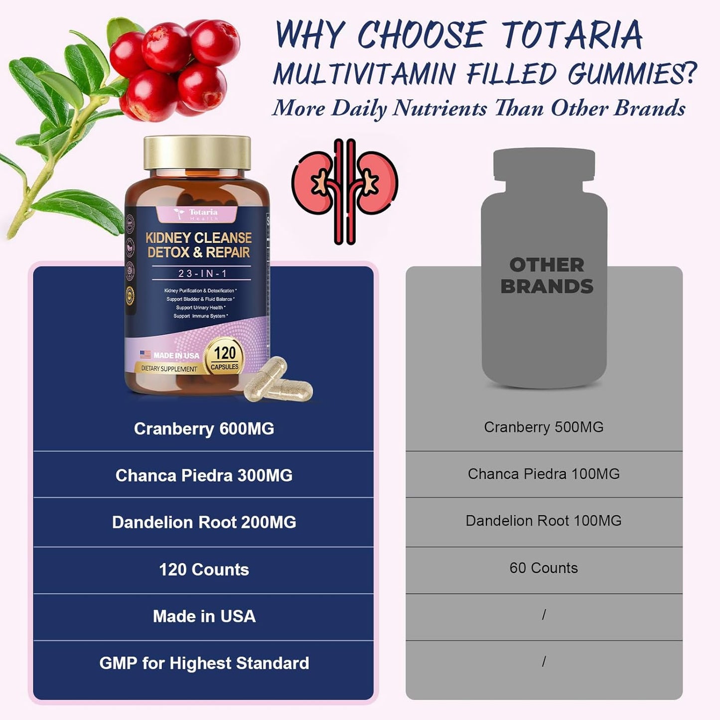 Powerful Kidney Support Supplement with Chanca Piedra & Cranberry - 120 Capsules for Urinary Tract Health & Kidney Stones Dissolver