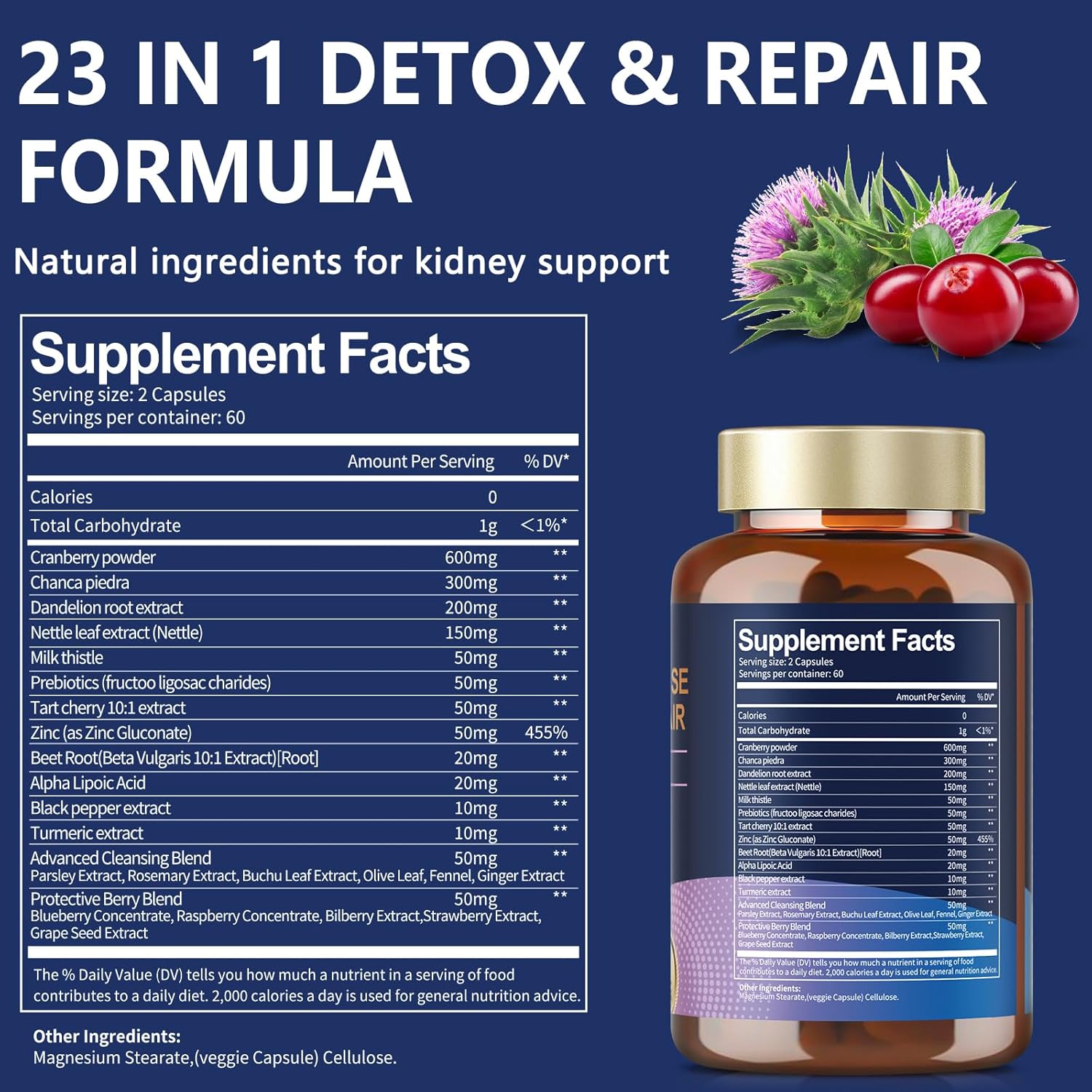 Powerful Kidney Support Supplement with Chanca Piedra & Cranberry - 120 Capsules for Urinary Tract Health & Kidney Stones Dissolver