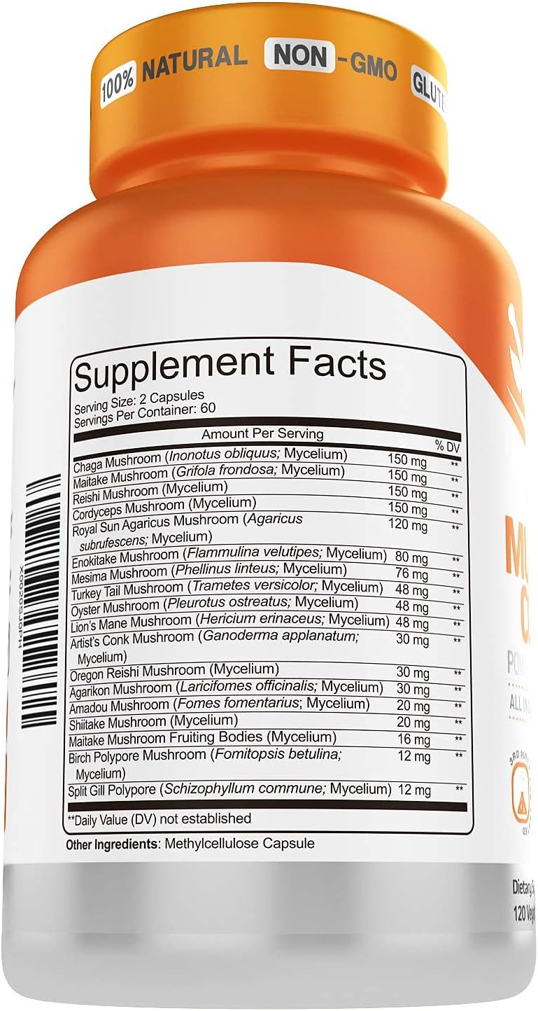 Powerful Mushroom Complex Supplement for Immune System & Brain Support, 120 Vegan Capsules by Herbtonics