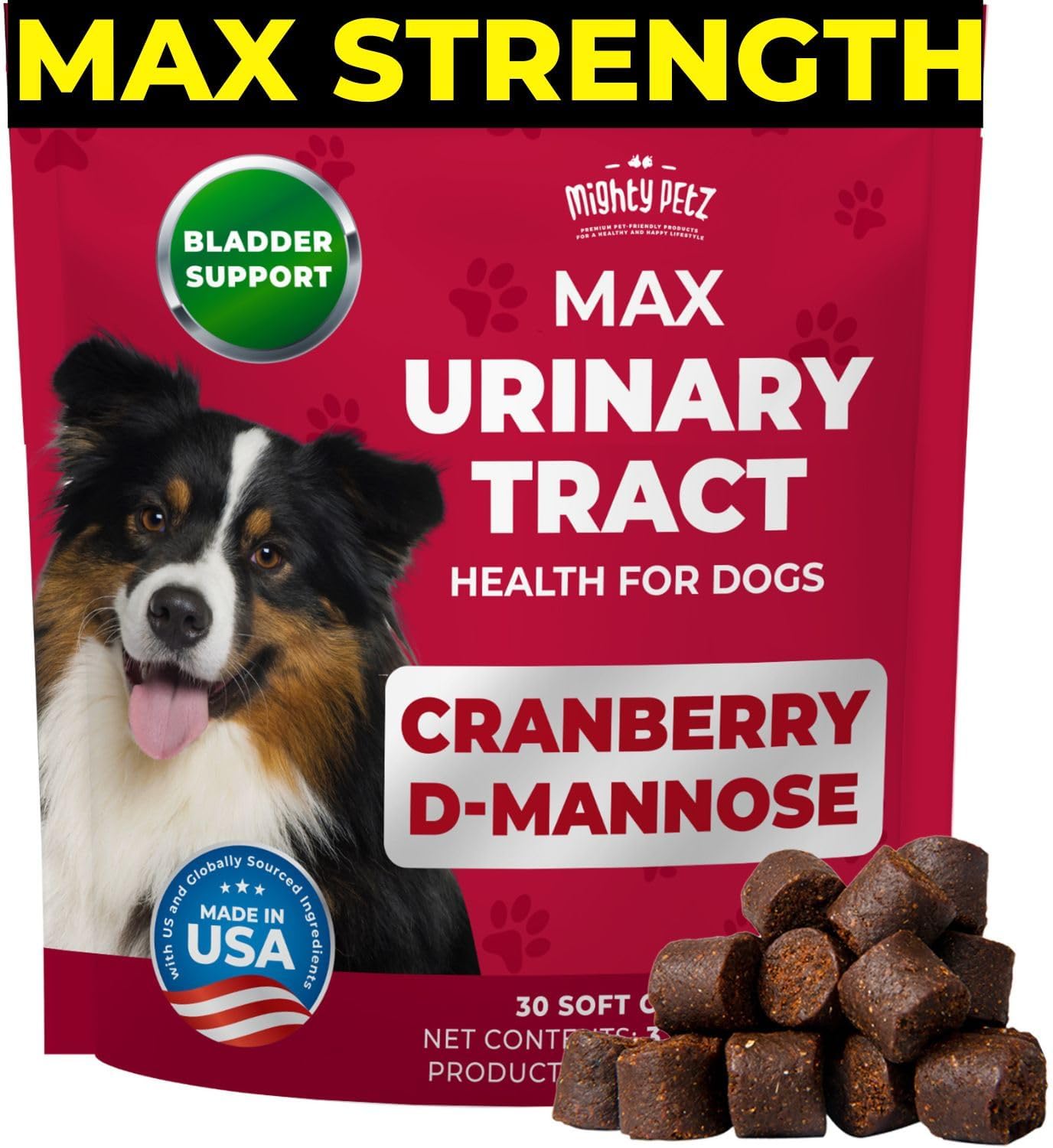 Powerful Pet Supplement for Dog UTI Treatment - MAX Strength Cranberry & D-Mannose Chews for Bladder & Kidney Health