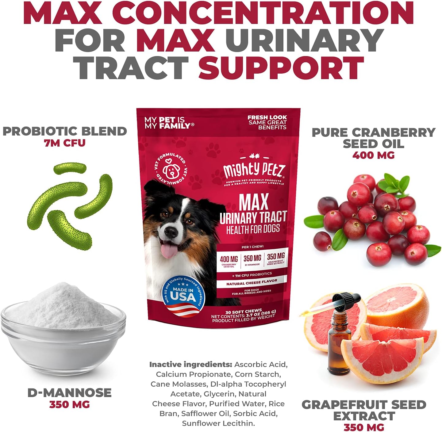 Powerful Pet Supplement for Dog UTI Treatment - MAX Strength Cranberry & D-Mannose Chews for Bladder & Kidney Health
