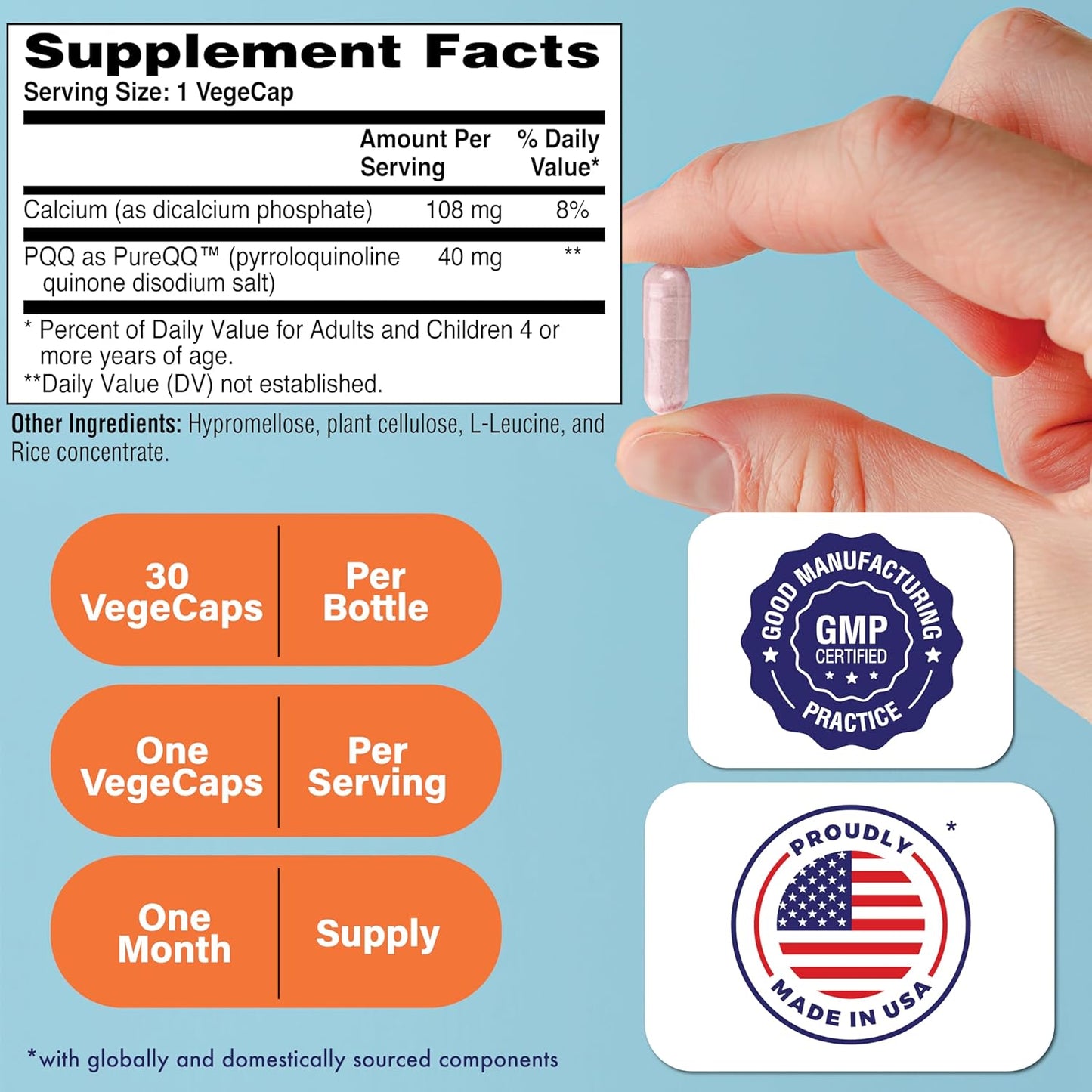 PQQ 40mg Capsules for Mitochondrial Biogenesis | PureQQ, Vegan, Non-GMO, Gluten Soy Free | Clean Label PQQ Supplement - 30 Servings