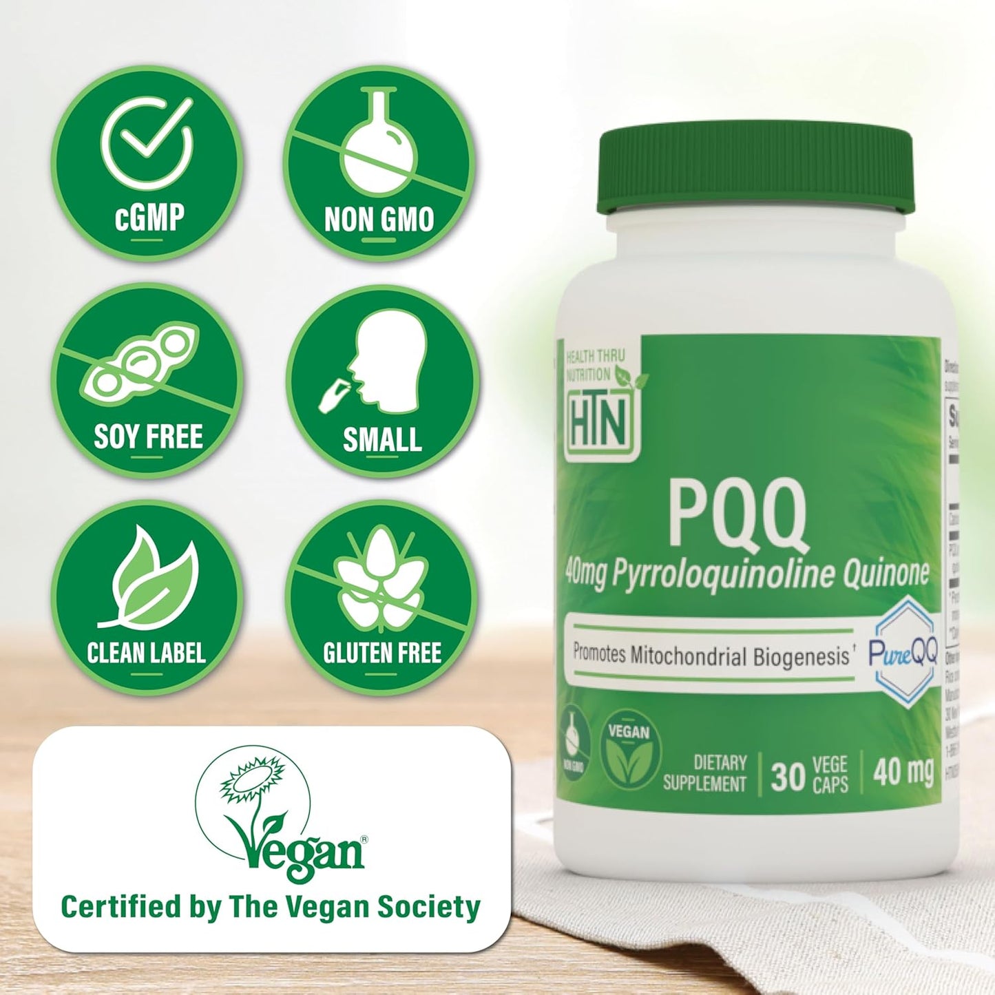 PQQ 40mg Capsules for Mitochondrial Biogenesis | PureQQ, Vegan, Non-GMO, Gluten Soy Free | Clean Label PQQ Supplement - 30 Servings