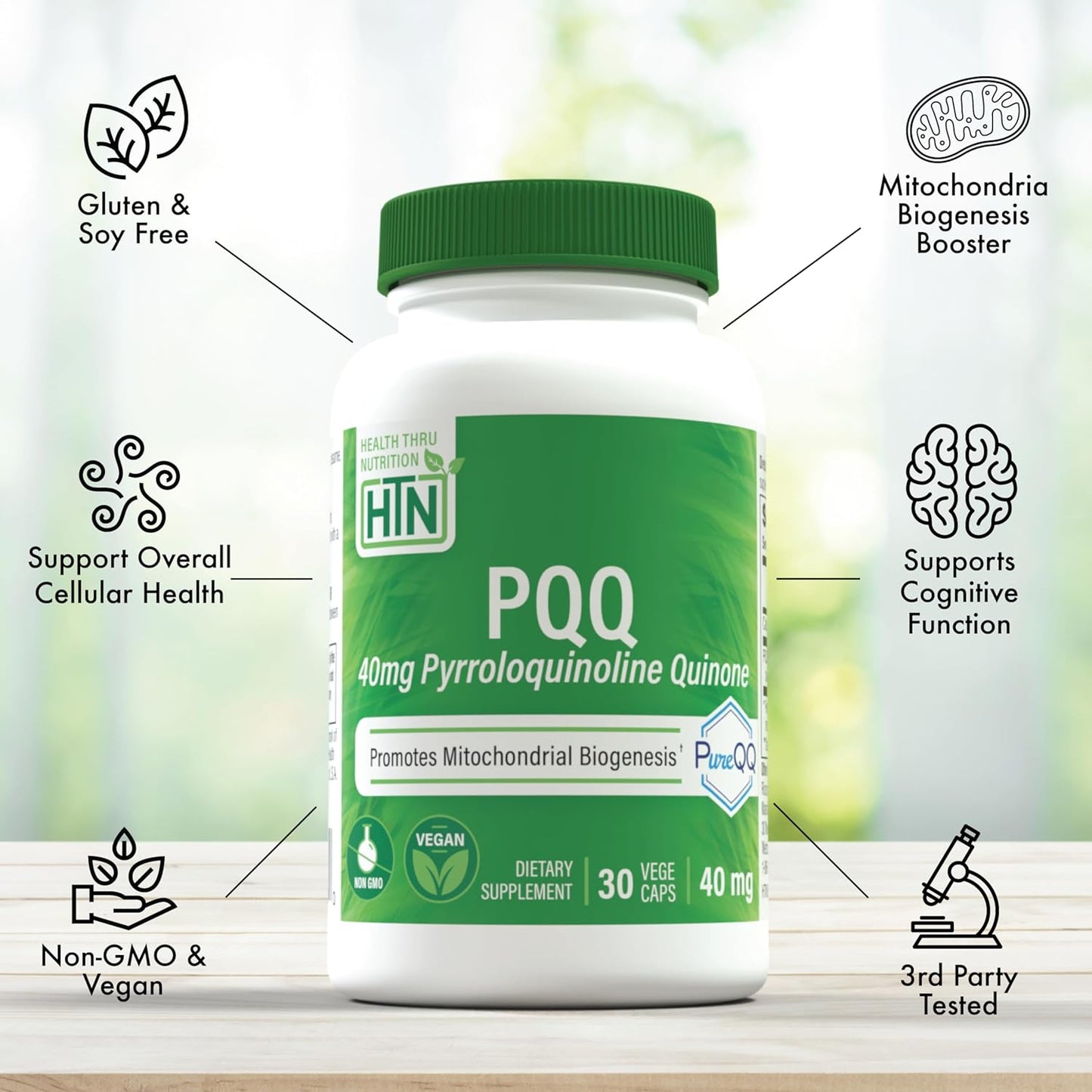 PQQ 40mg Capsules for Mitochondrial Biogenesis | PureQQ, Vegan, Non-GMO, Gluten Soy Free | Clean Label PQQ Supplement - 30 Servings