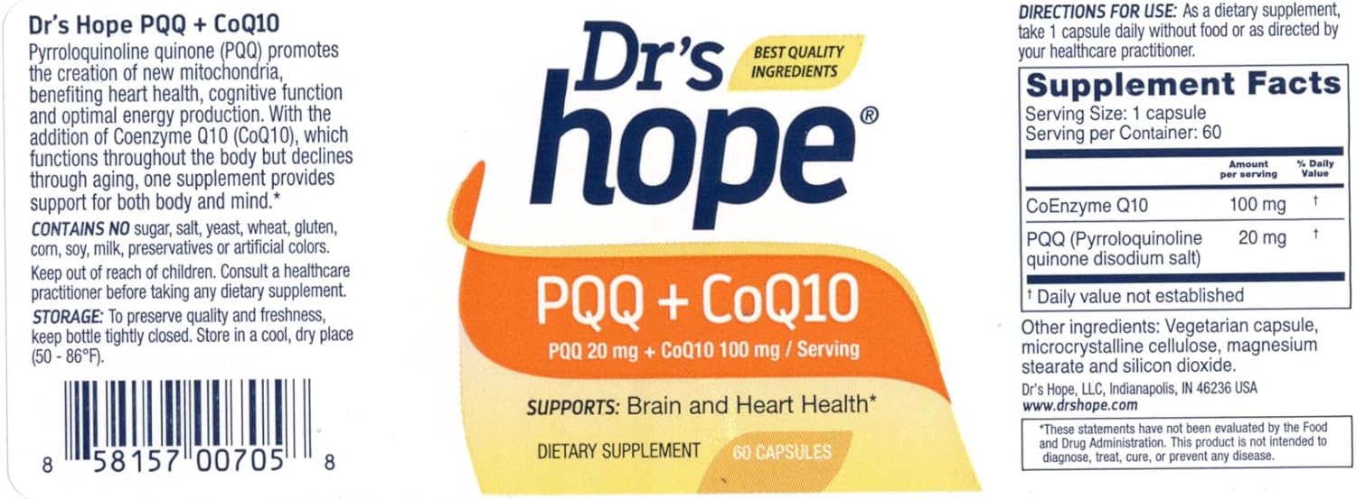 PQQ + CoQ10 Capsules - 20mg PQQ + 100mg CoQ10 for Brain, Immune Support - Antioxidant Rich Energy Boost - 60 Count