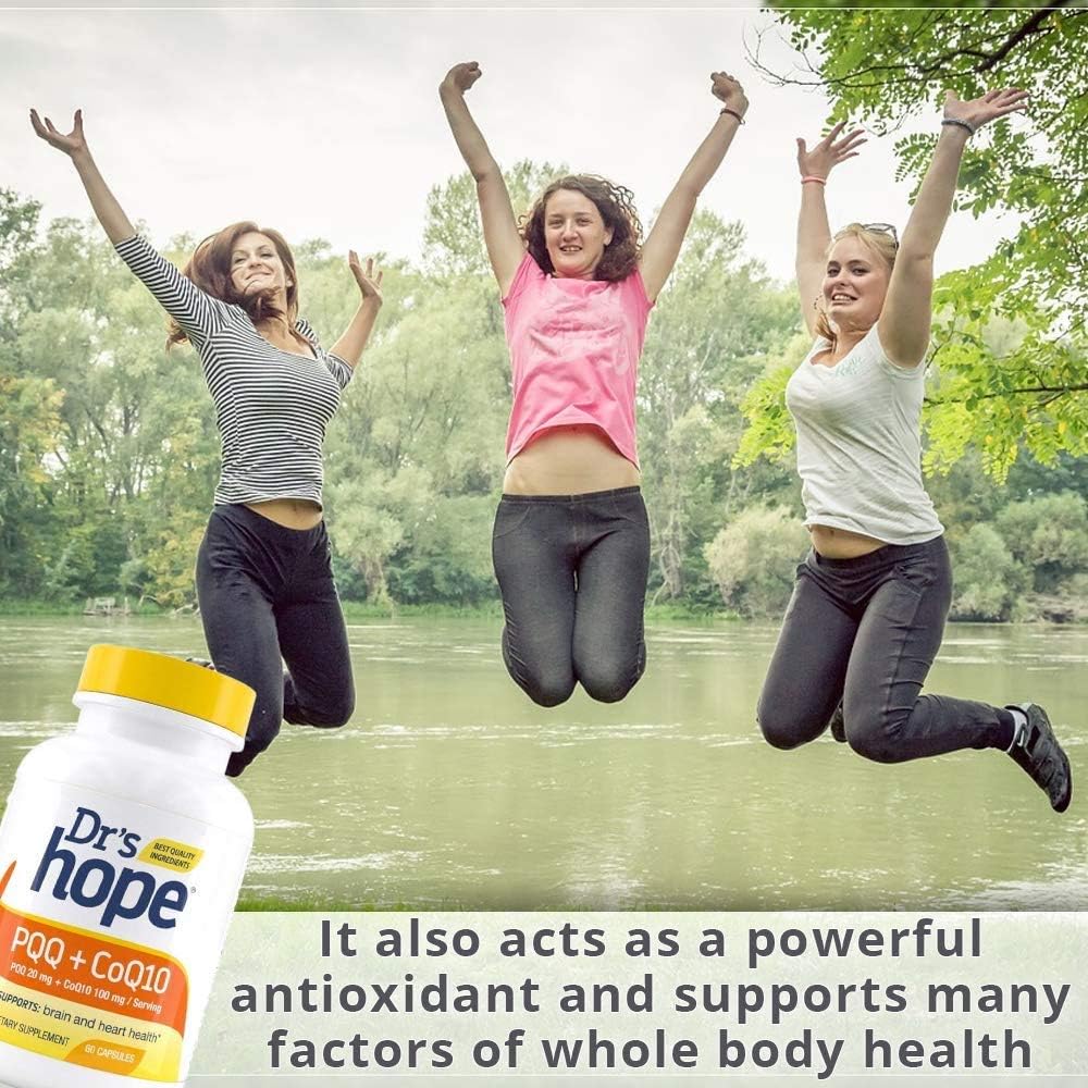 PQQ + CoQ10 Capsules - 20mg PQQ + 100mg CoQ10 for Brain, Immune Support - Antioxidant Rich Energy Boost - 60 Count