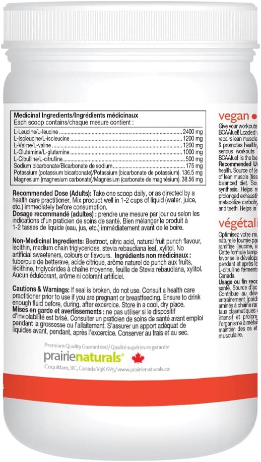 Prairie Naturals BCAA Fuel - Fruit Punch Flavored, 11.2 oz Bottle, pH Balanced Formula for Optimal Performance and Recovery