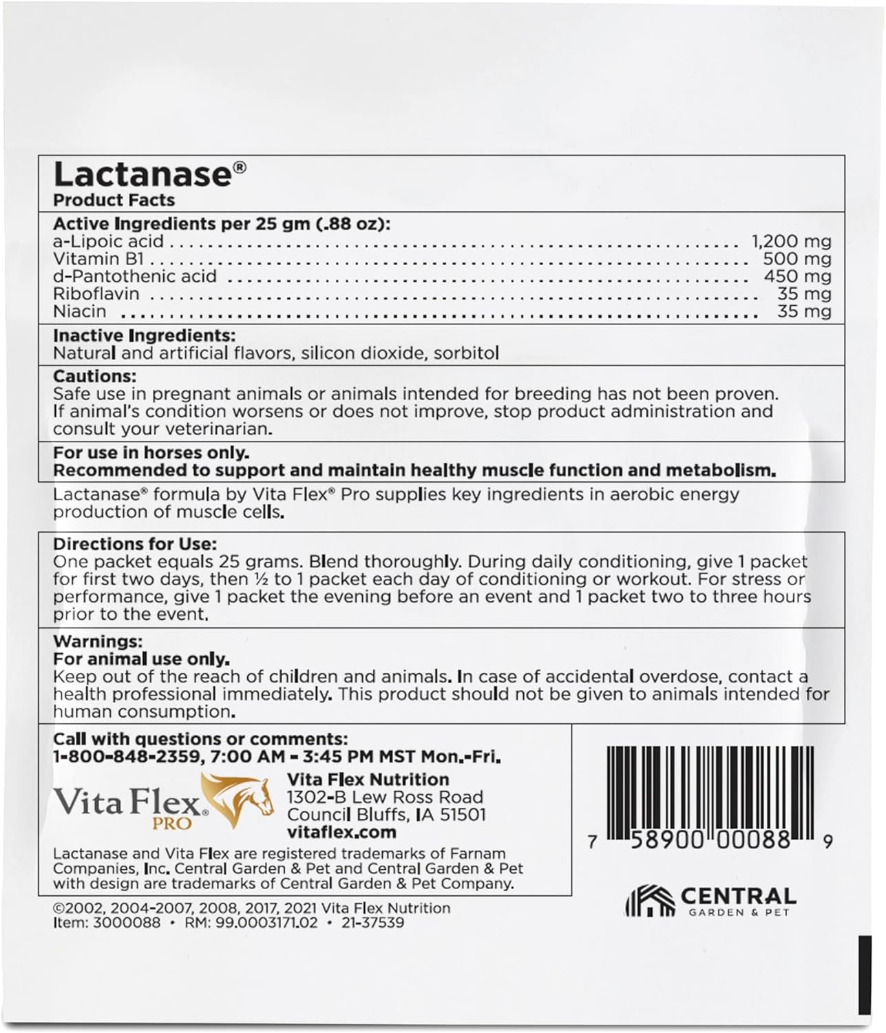 Pre Performance Muscle and Metabolism Support Supplement for Horses - Vita Flex Pro Lactanase, Show Safe Formula