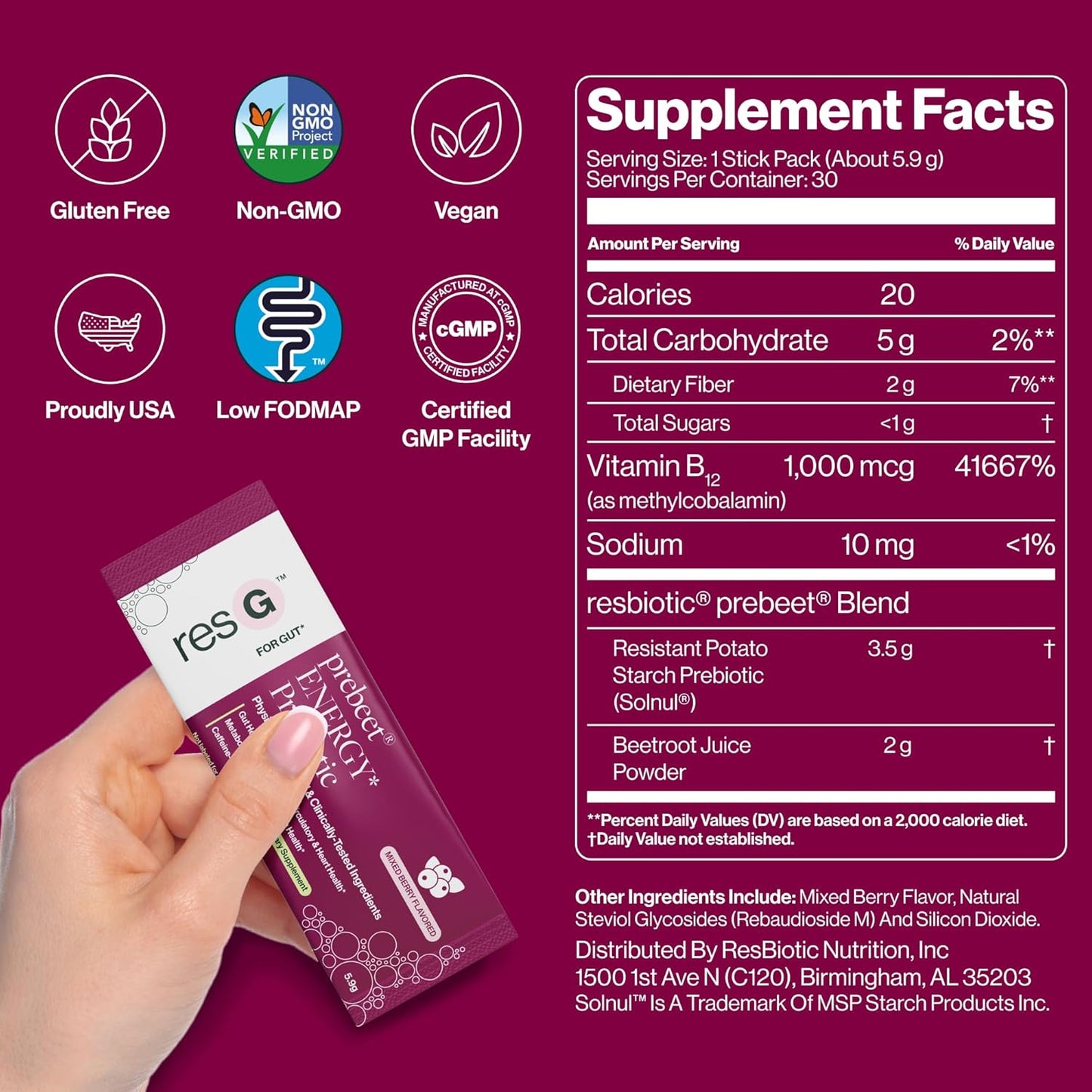 Prebeet Prebiotic Fiber Supplement - Gut Health Drink Mix for Men & Women, On-The-Go Prebiotic Powder Packets, Gluten-Free - 30 Stick Packs