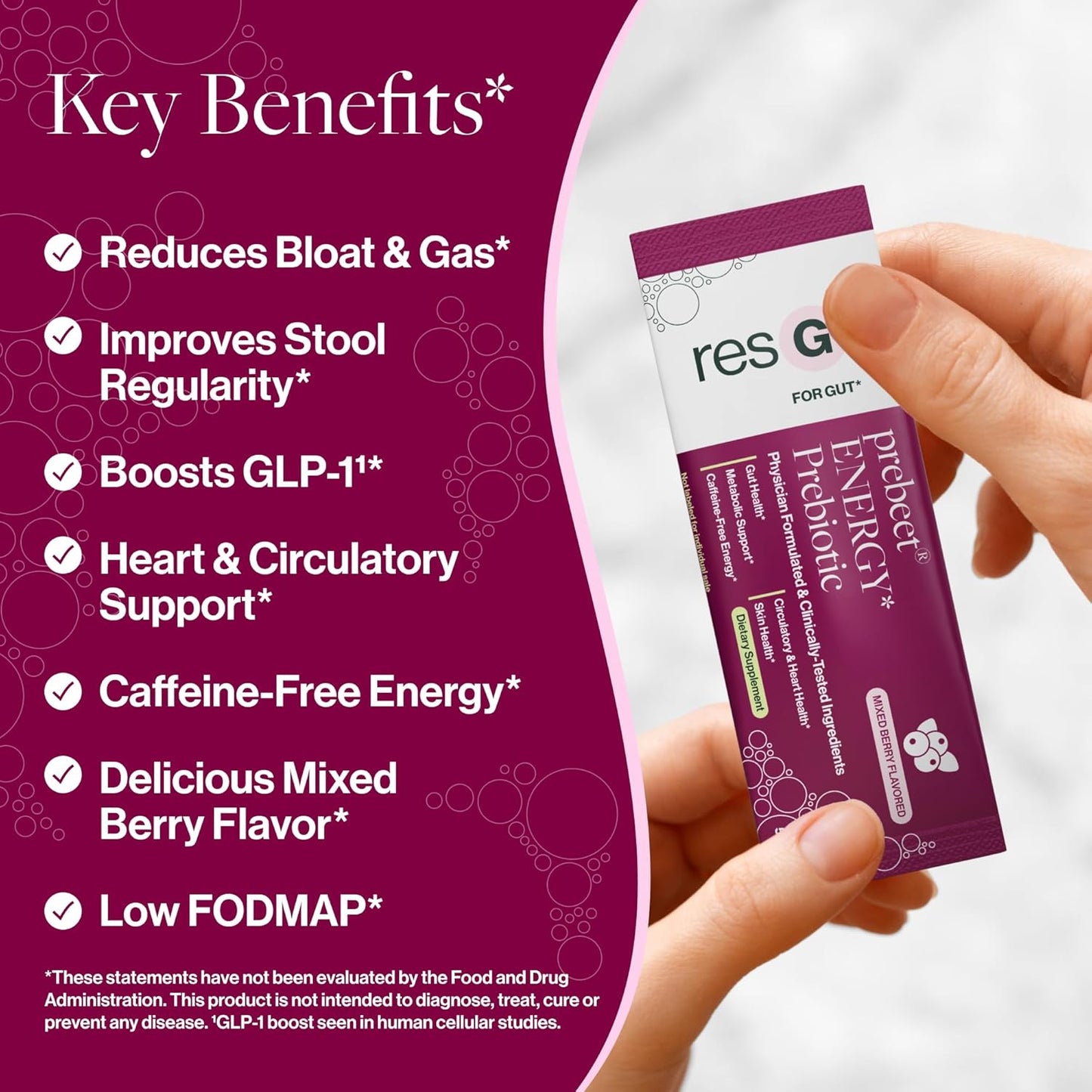 Prebeet Prebiotic Fiber Supplement - Gut Health Drink Mix for Men & Women, On-The-Go Prebiotic Powder Packets, Gluten-Free - 30 Stick Packs