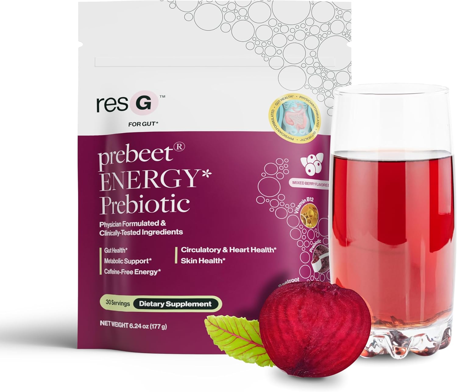 Prebeet ResBiotic Drink Mix - Gut Health Prebiotic & Probiotic Powder with Akkermansia, GLP-1, Beet Root, Fiber - 180g