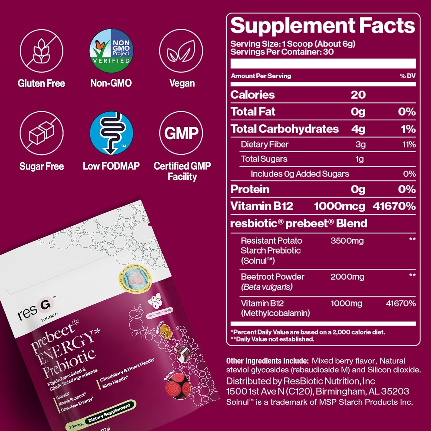 Prebeet ResBiotic Drink Mix - Gut Health Prebiotic & Probiotic Powder with Akkermansia, GLP-1, Beet Root, Fiber - 180g