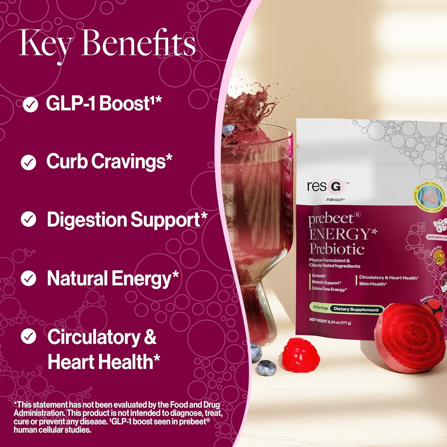 Prebeet ResBiotic Drink Mix - Gut Health Prebiotic & Probiotic Powder with Akkermansia, GLP-1, Beet Root, Fiber - 180g
