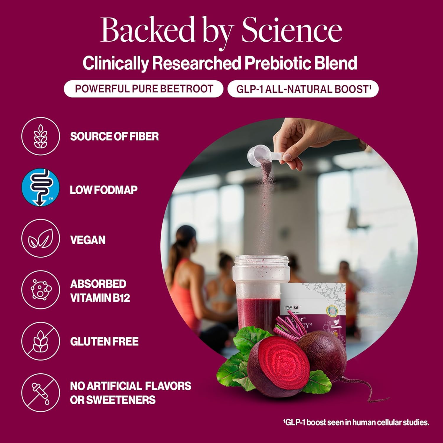 Prebeet ResBiotic Drink Mix - Gut Health Prebiotic & Probiotic Powder with Akkermansia, GLP-1, Beet Root, Fiber - 180g