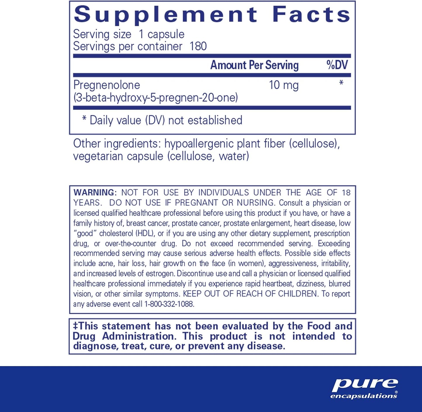 Pregnenolone 10 mg Capsules - Memory & Hormone Balance Support - Hormone Precursor - Gluten Free & Non-GMO - 180 Count