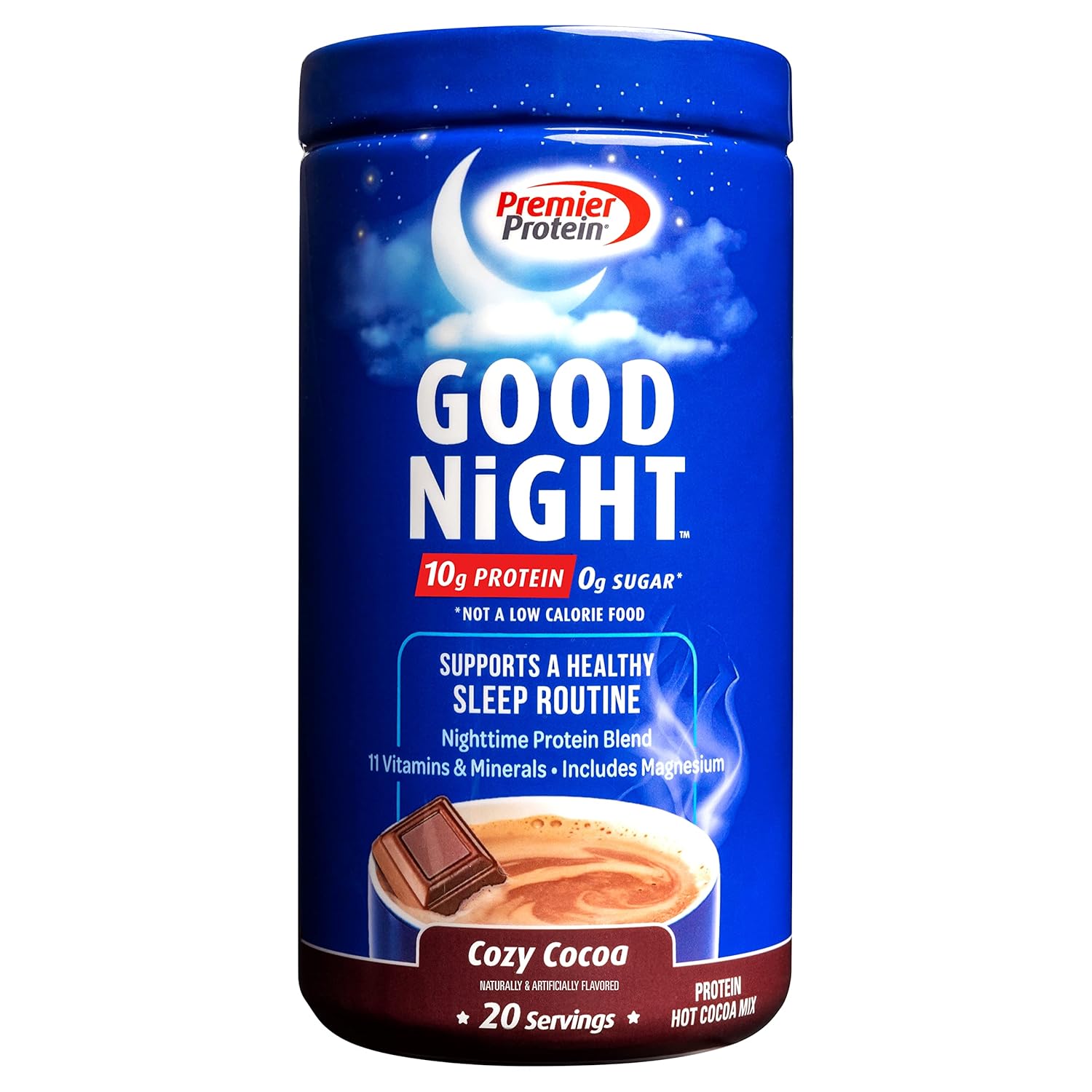 Premier Protein Good Night Hot Cocoa Protein Powder with 10g Protein, Zero Sugar, 11 Vitamins & Minerals, Nighttime Blend with Magnesium & Zinc - 20 Servings