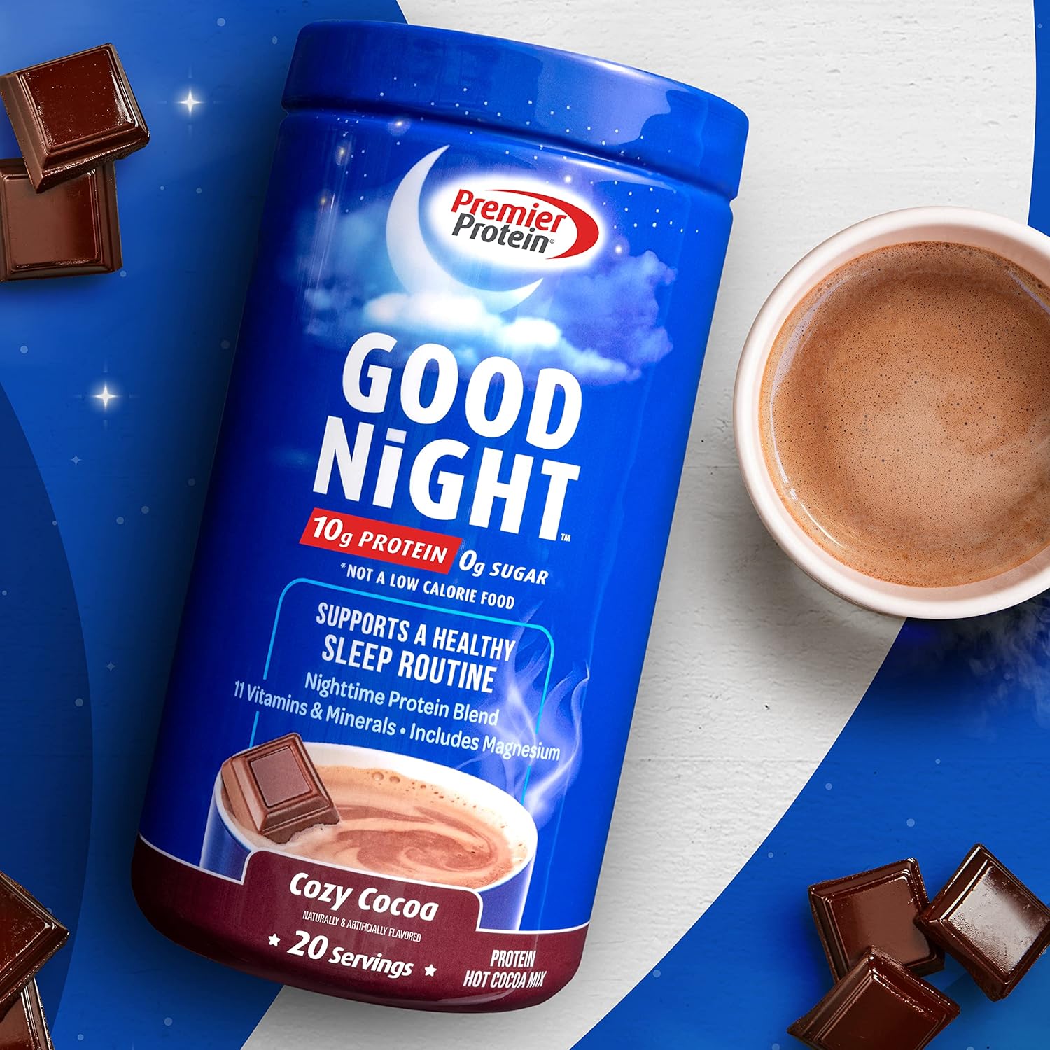 Premier Protein Good Night Hot Cocoa Protein Powder with 10g Protein, Zero Sugar, 11 Vitamins & Minerals, Nighttime Blend with Magnesium & Zinc - 20 Servings
