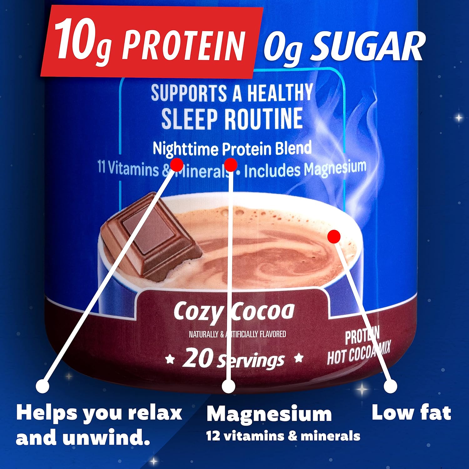 Premier Protein Good Night Hot Cocoa Protein Powder with 10g Protein, Zero Sugar, 11 Vitamins & Minerals, Nighttime Blend with Magnesium & Zinc - 20 Servings
