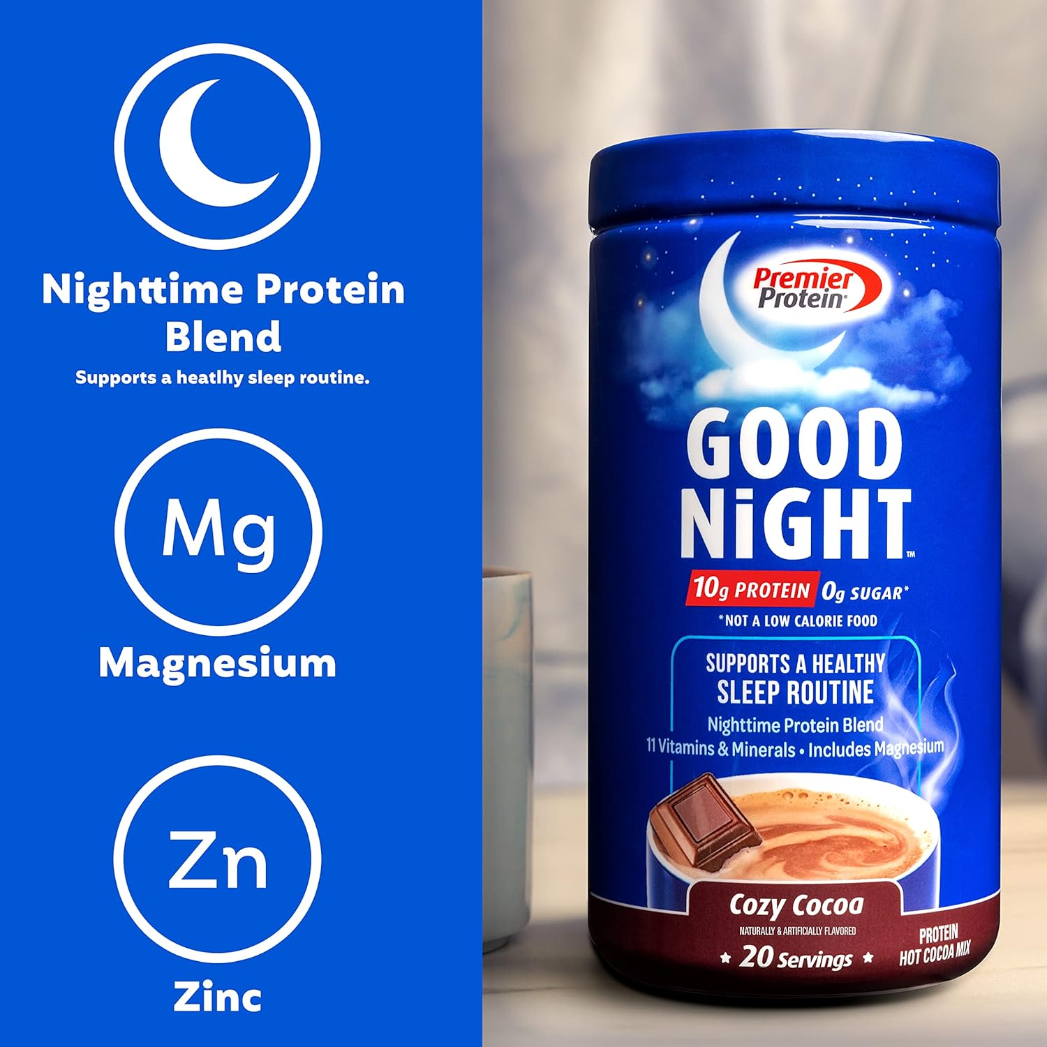 Premier Protein Good Night Hot Cocoa Protein Powder with 10g Protein, Zero Sugar, 11 Vitamins & Minerals, Nighttime Blend with Magnesium & Zinc - 20 Servings