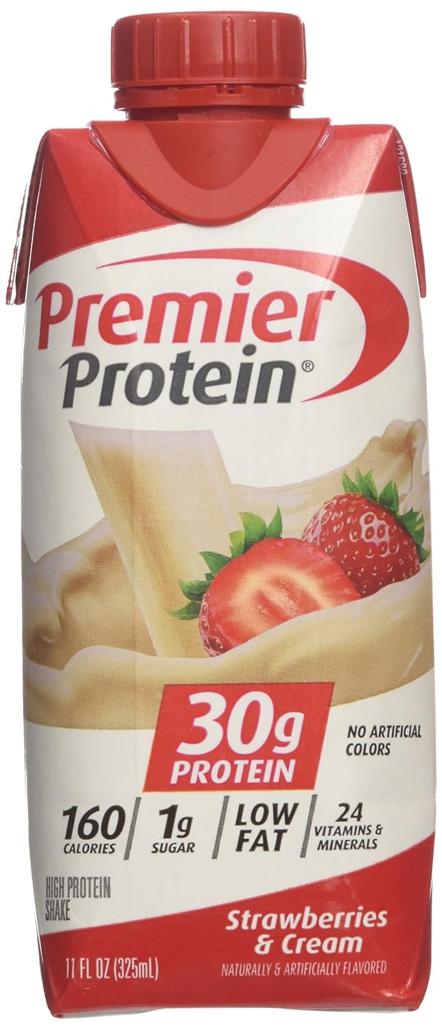 Premier Protein Strawberries & Cream Shake - 30g Protein, 1g Sugar, 11 fl oz (Pack of 12)