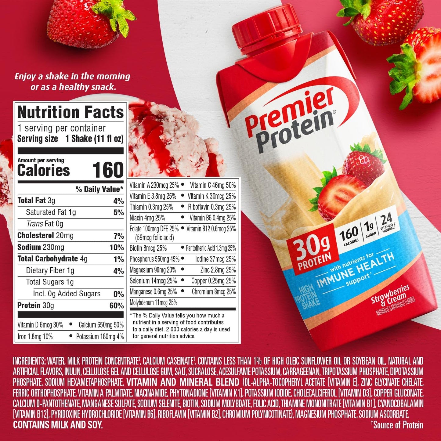 Premier Protein Strawberries & Cream Shake - 30g Protein, 1g Sugar, 11 fl oz (Pack of 12)