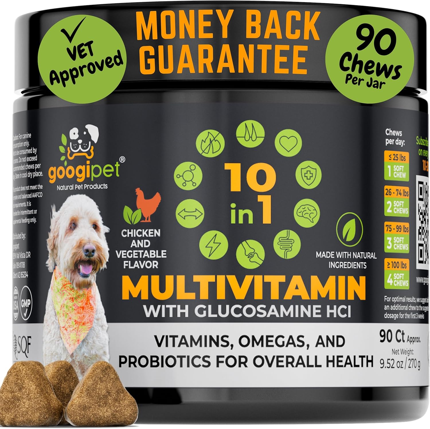 Premium 10 in 1 Dog Vitamins Multivitamin Chewable with Probiotics for Gut Health, Vitamin C & Glucosamine - Chicken & Vegetable Flavor