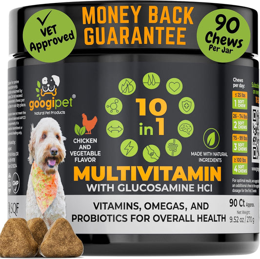 Premium 10 in 1 Dog Vitamins Multivitamin Chewable with Probiotics for Gut Health, Vitamin C & Glucosamine - Chicken & Vegetable Flavor