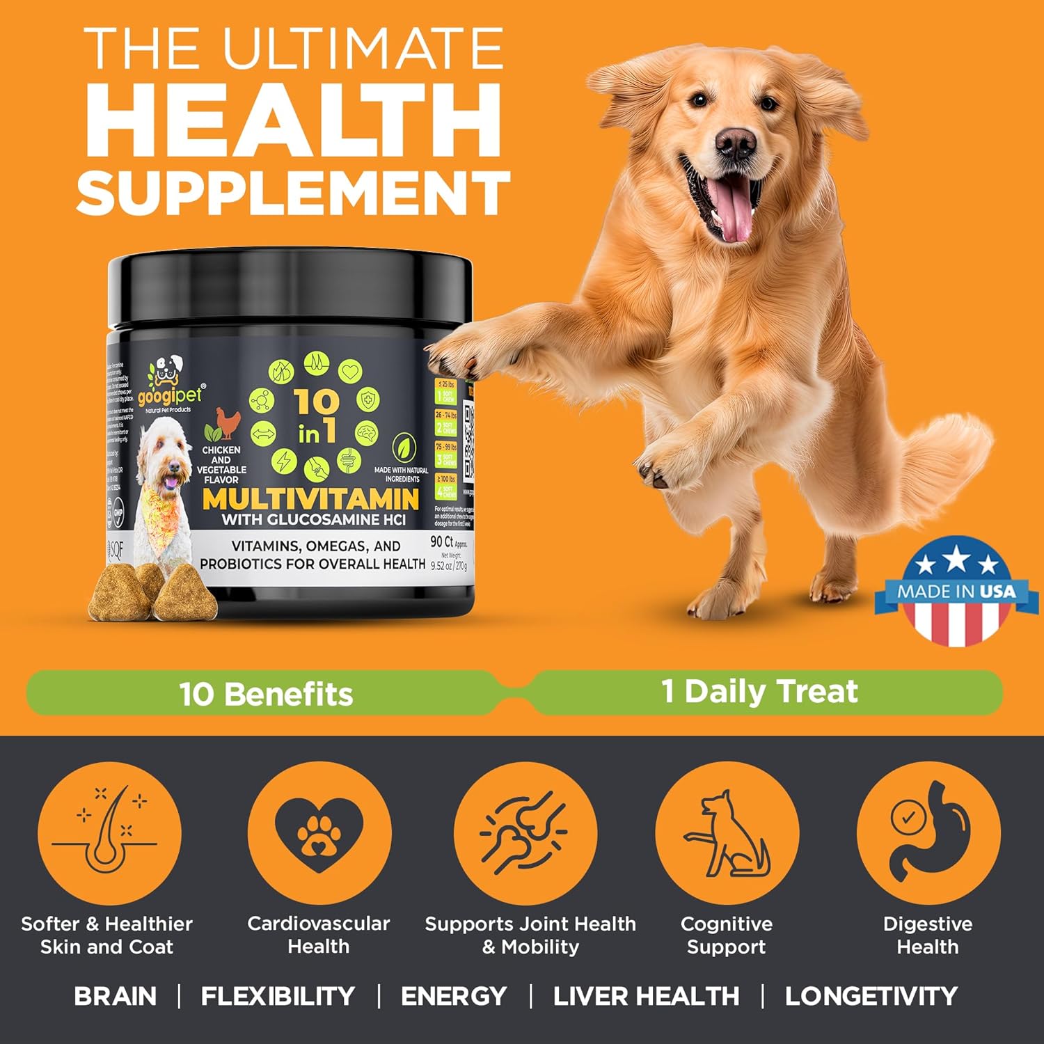 Premium 10 in 1 Dog Vitamins Multivitamin Chewable with Probiotics for Gut Health, Vitamin C & Glucosamine - Chicken & Vegetable Flavor