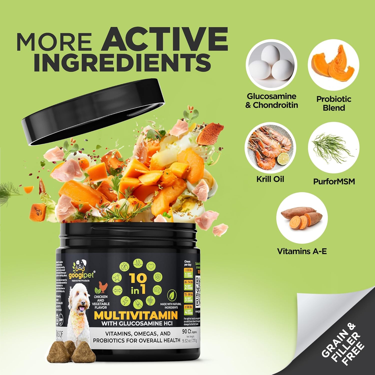 Premium 10 in 1 Dog Vitamins Multivitamin Chewable with Probiotics for Gut Health, Vitamin C & Glucosamine - Chicken & Vegetable Flavor