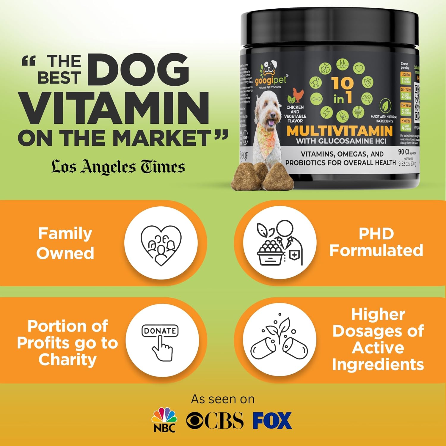Premium 10 in 1 Dog Vitamins Multivitamin Chewable with Probiotics for Gut Health, Vitamin C & Glucosamine - Chicken & Vegetable Flavor