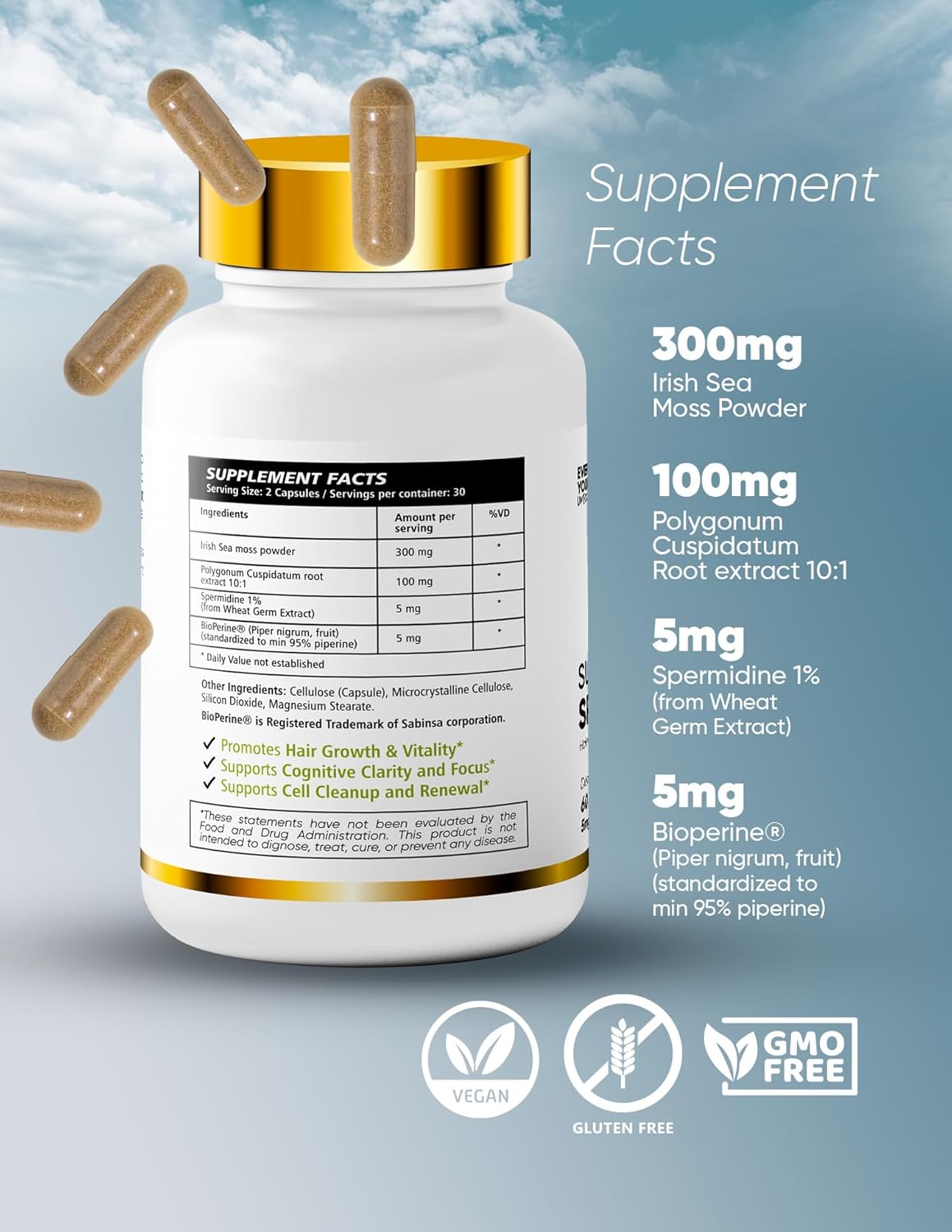 Premium 100% Natural Super Spermidine Supplements for Youthful Hair Growth and Cellular Health | Anti Aging Formula for Men and Women | 4X Ingredients