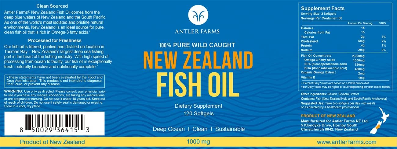 Premium 100% Pure New Zealand Fish Oil Softgels - Deep Ocean, Cold Water Omega-3 EPA + DHA Supplement - 120 Capsules - Keto Friendly