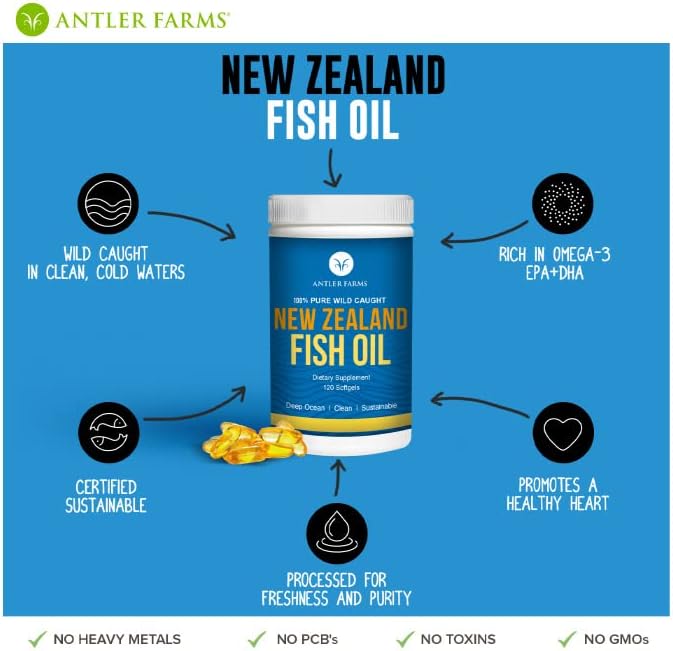 Premium 100% Pure New Zealand Fish Oil Softgels - Deep Ocean, Cold Water Omega-3 EPA + DHA Supplement - 120 Capsules - Keto Friendly