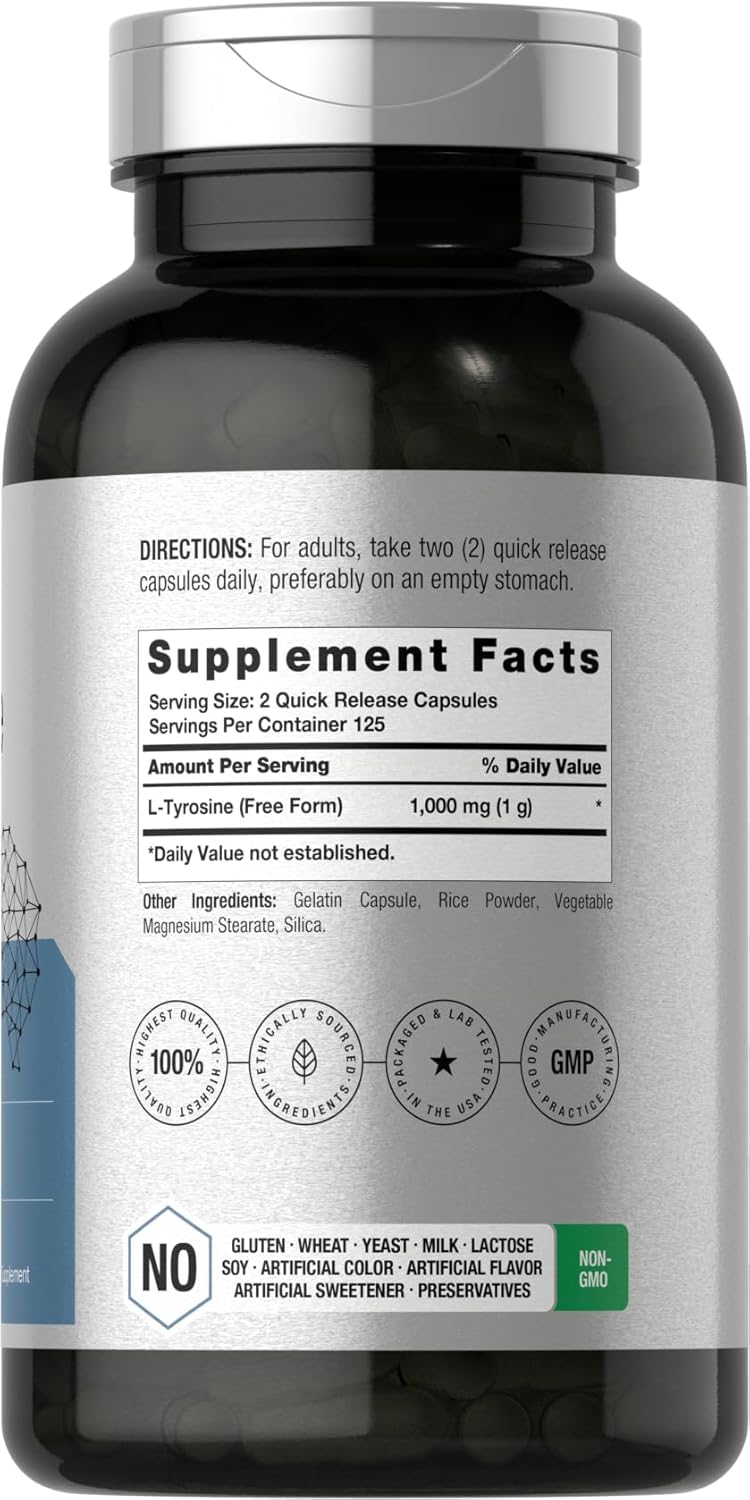 Premium 1000mg L-Tyrosine Supplement - 250 Capsules - Non-GMO & Gluten Free