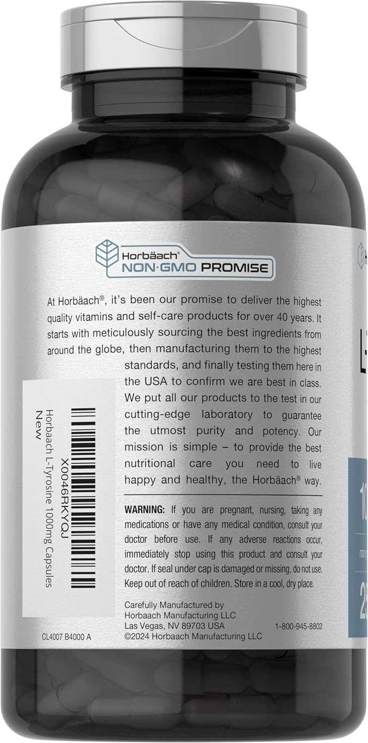 Premium 1000mg L-Tyrosine Supplement - 250 Capsules - Non-GMO & Gluten Free