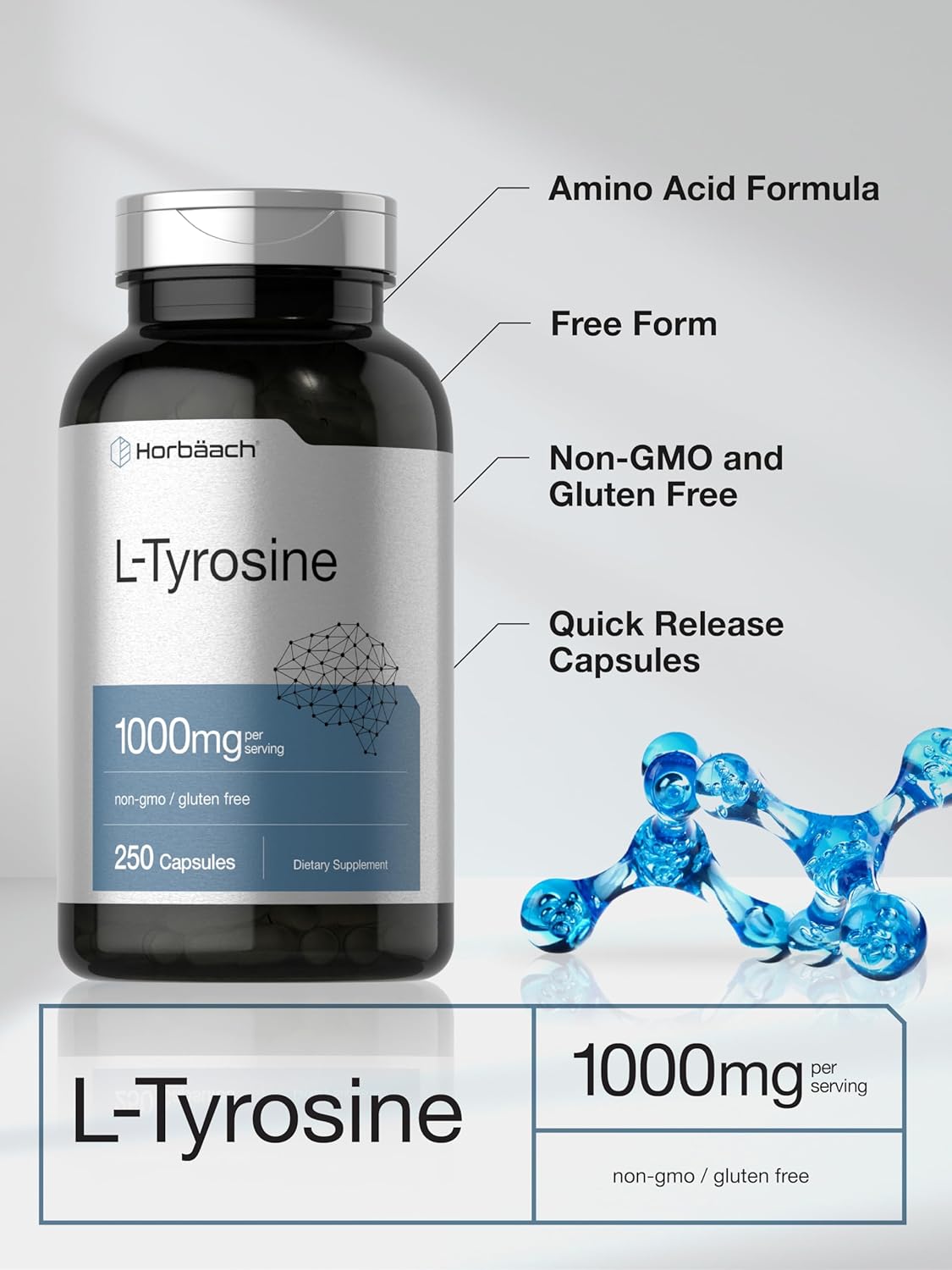 Premium 1000mg L-Tyrosine Supplement - 250 Capsules - Non-GMO & Gluten Free